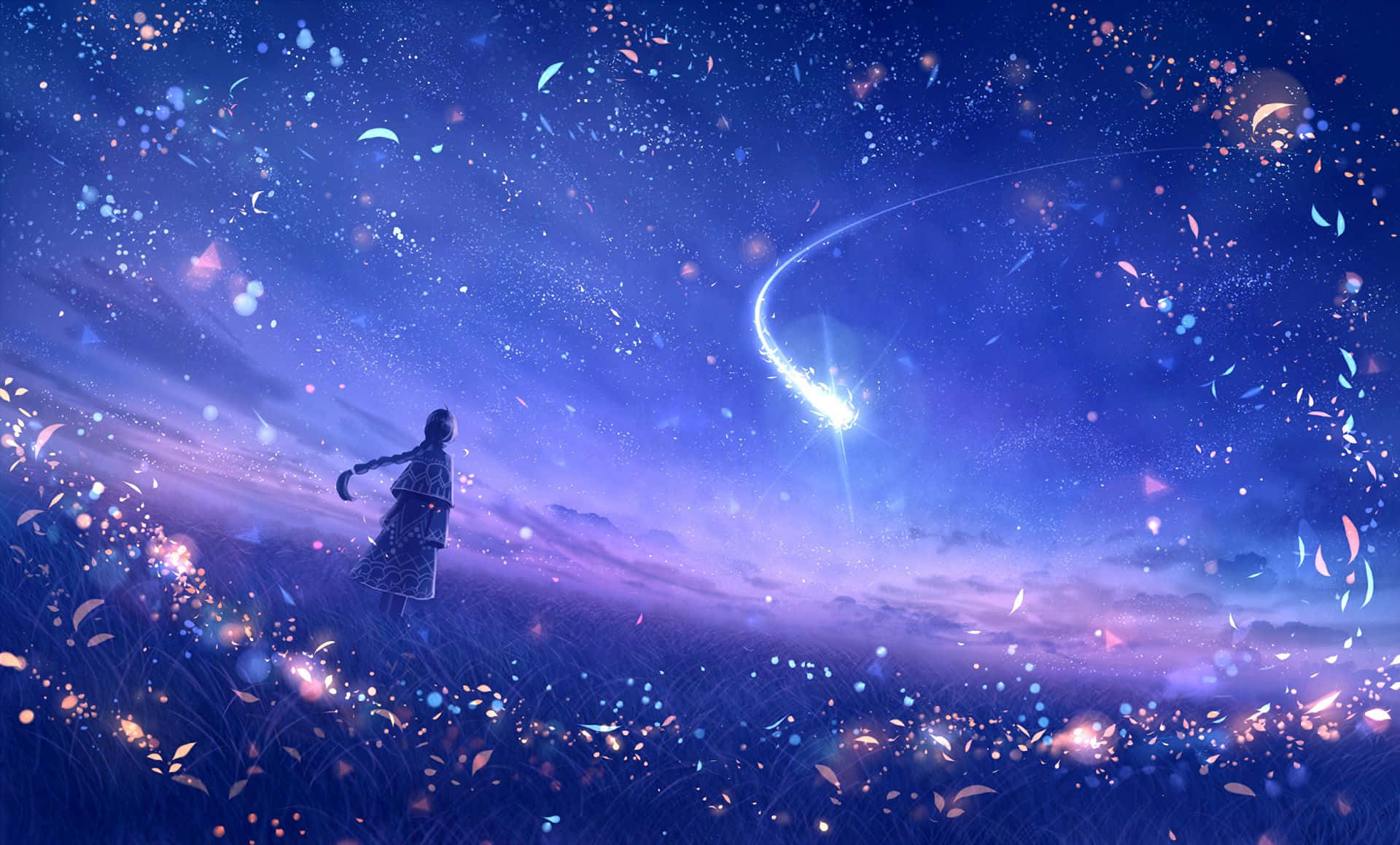 Manga Universe, glowing particles, starry twilight sky, Full HD Desktop Wallpaper