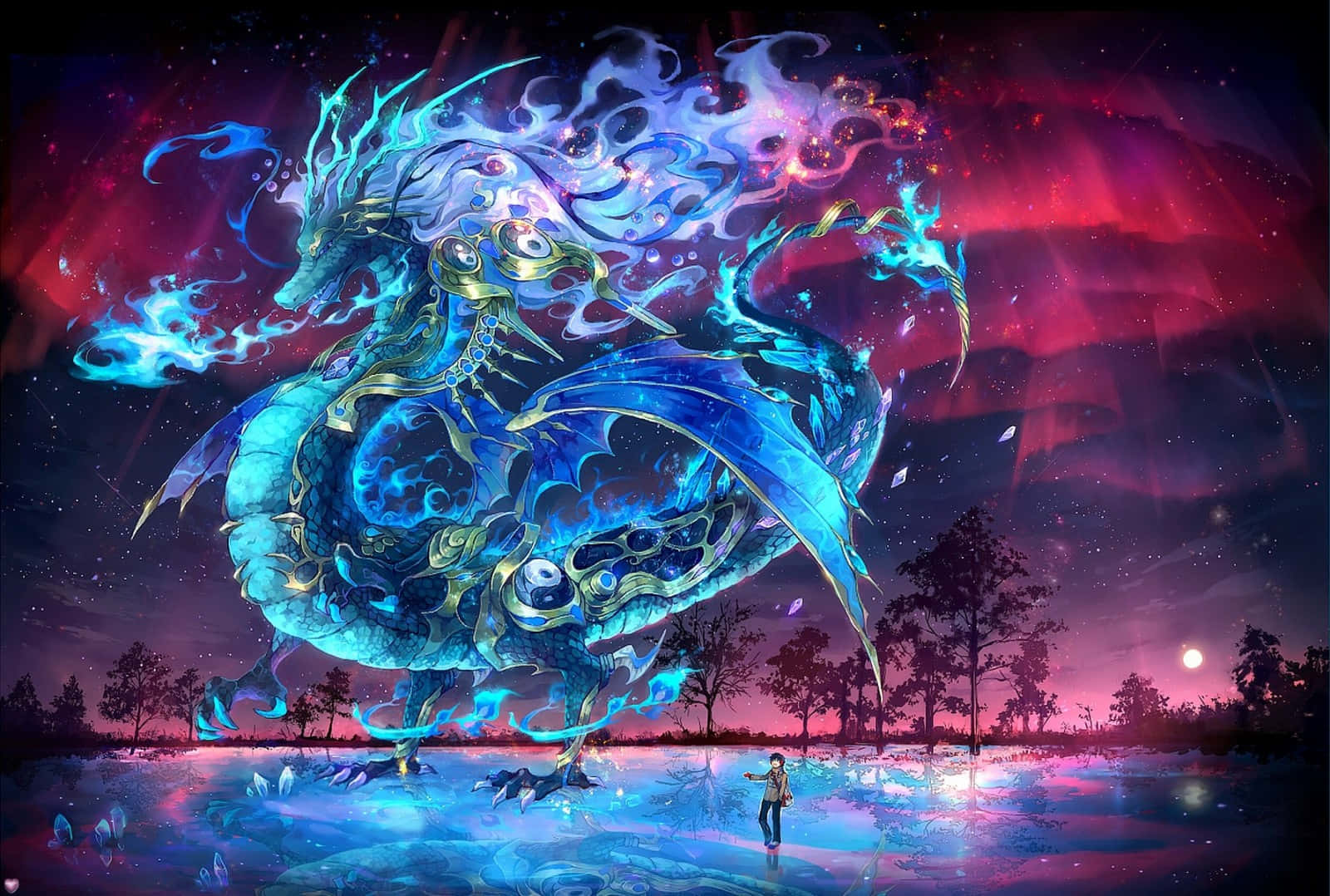 Manga Universe, glowing blue dragon, golden accents, HD Desktop Wallpaper
