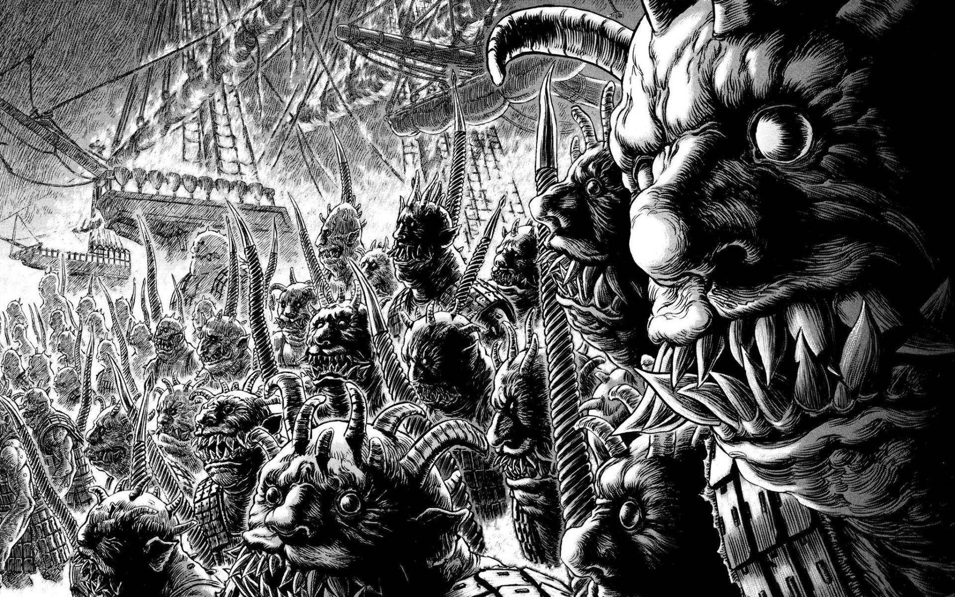 4K, manga, black and white illustration, Full HD Desktop Wallpaper