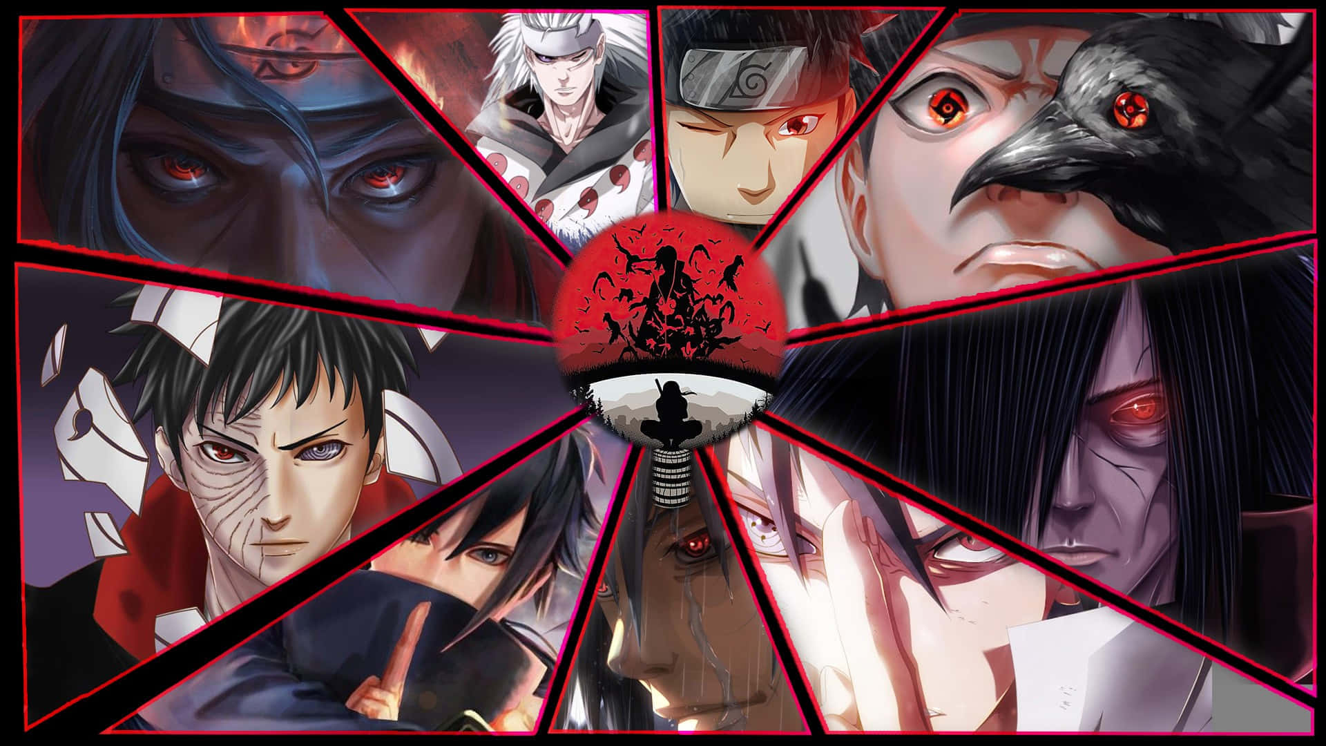Mangekyou Sharingan, red and black hues, intense ninja characters, Full HD Desktop Wallpaper