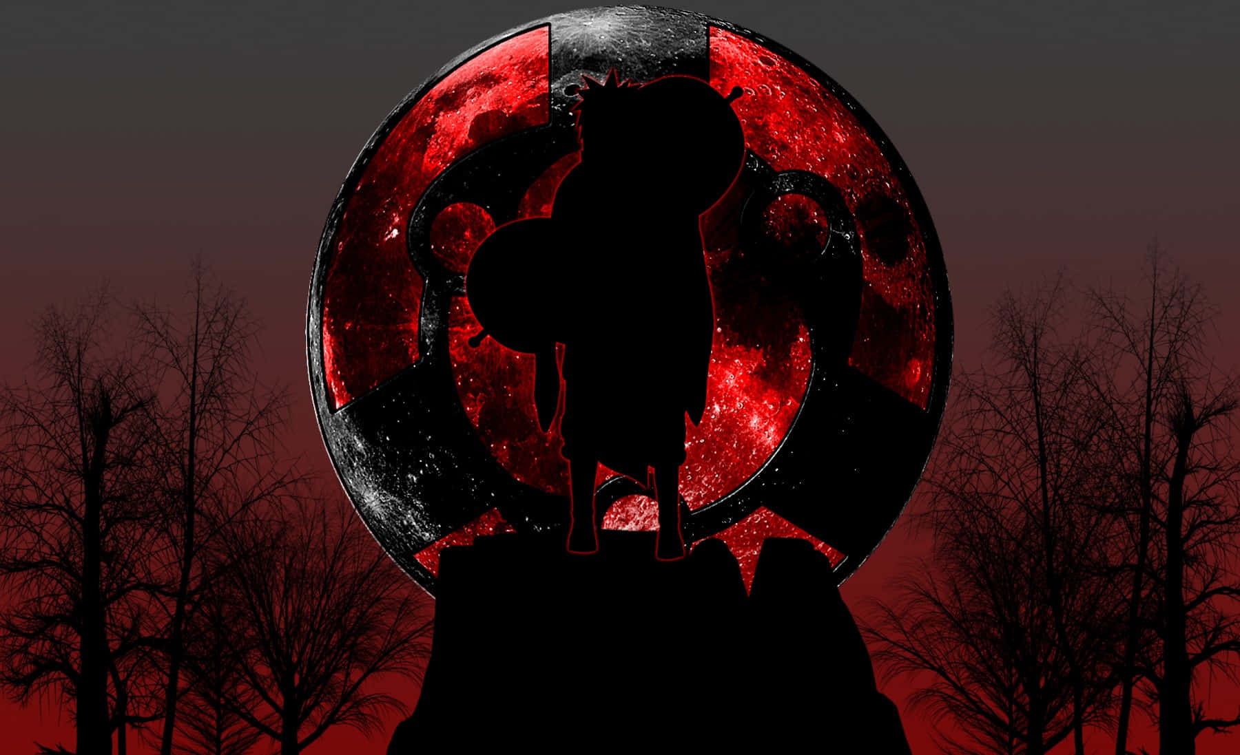 Mangekyou Sharingan, glowing red moon, dark red twilight sky, HD Desktop Wallpaper