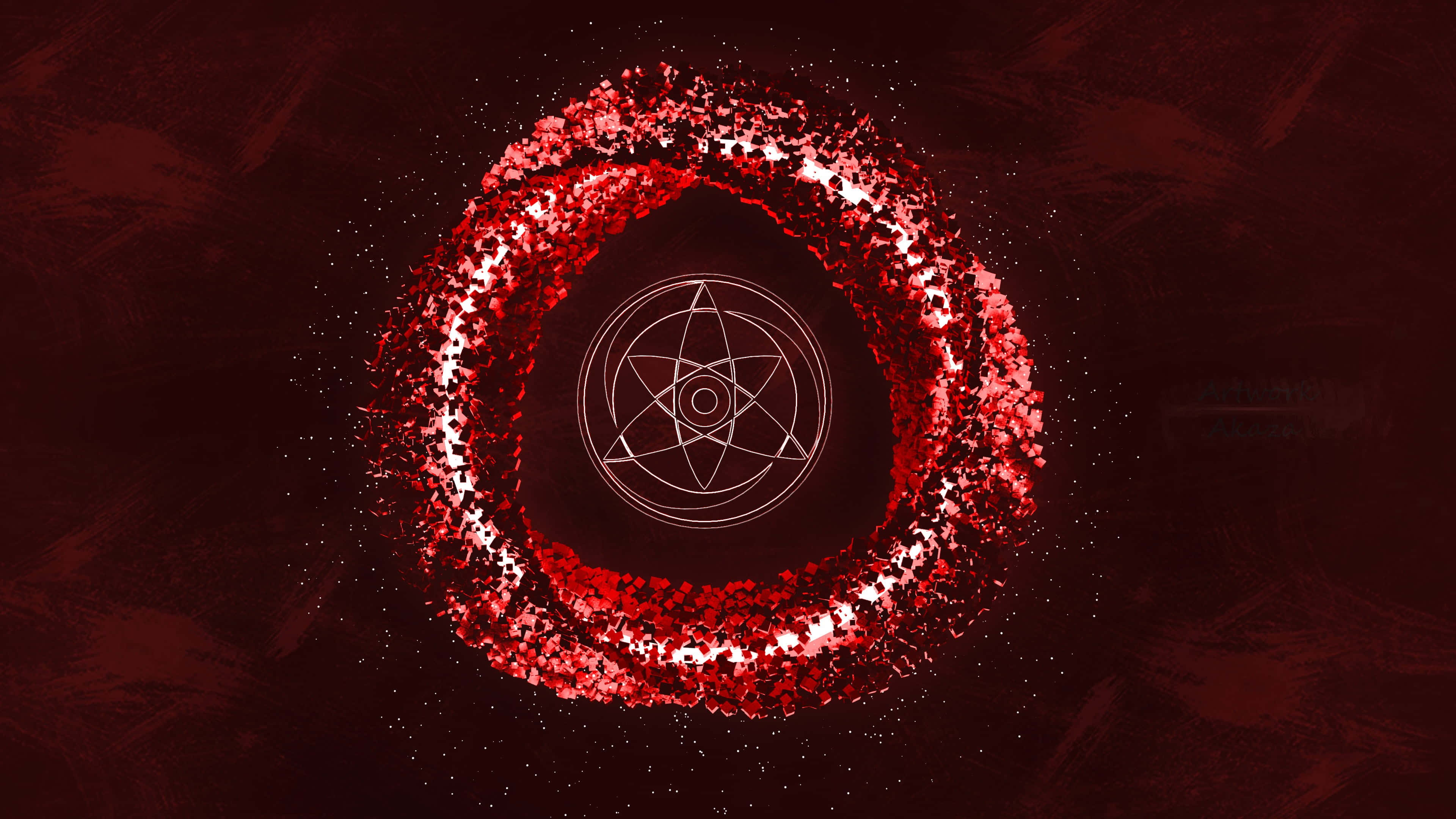 Mangekyou Sharingan, glowing red ring, fragmented particles, 4K Desktop Wallpaper