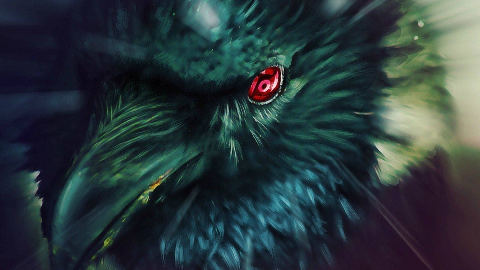 Mangekyou Sharingan, dark green bird, glowing red eye, Full HD Desktop Wallpaper