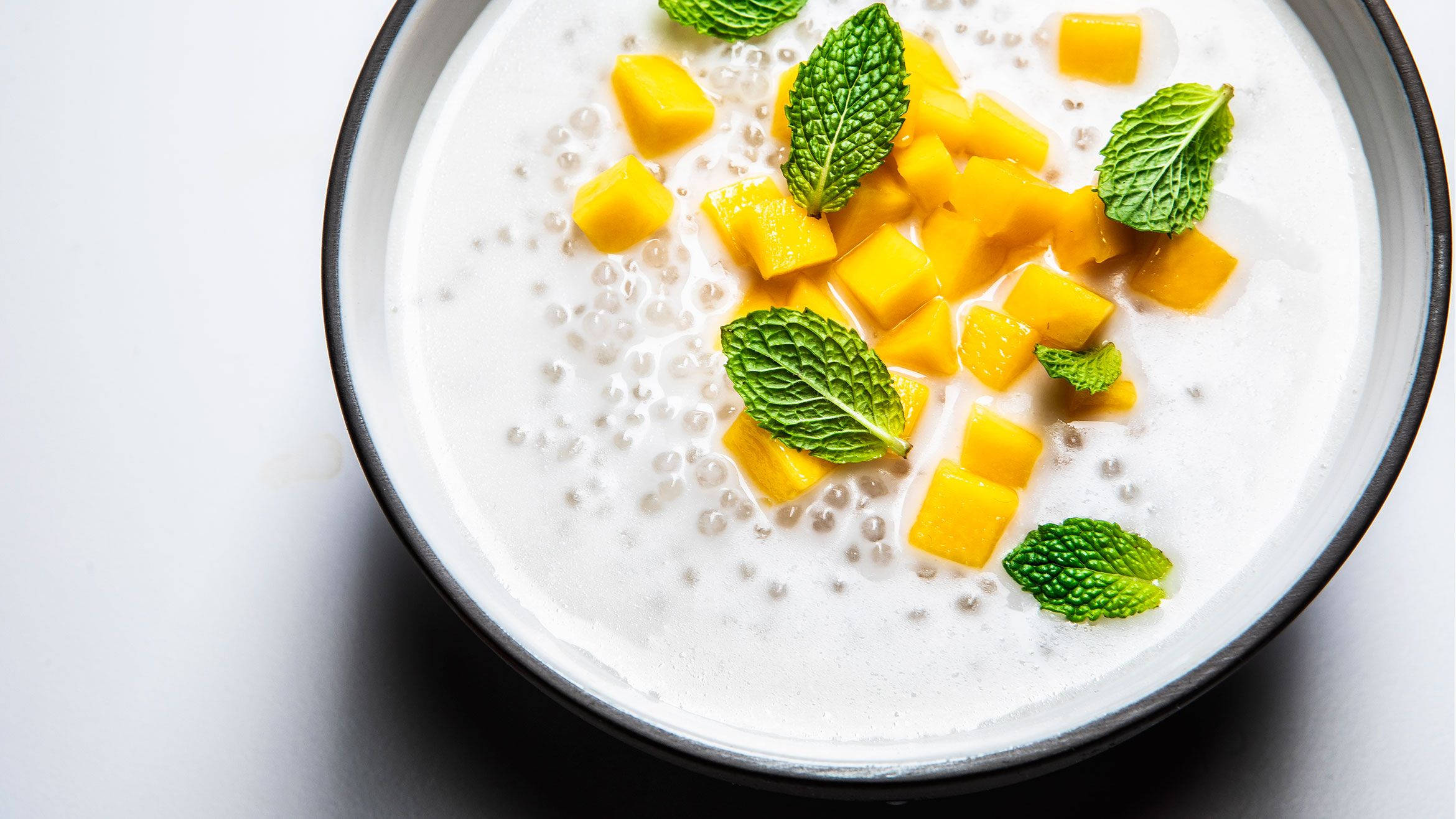 white tapioca, vibrant yellow mango, fresh green mint, Full HD Desktop Wallpaper