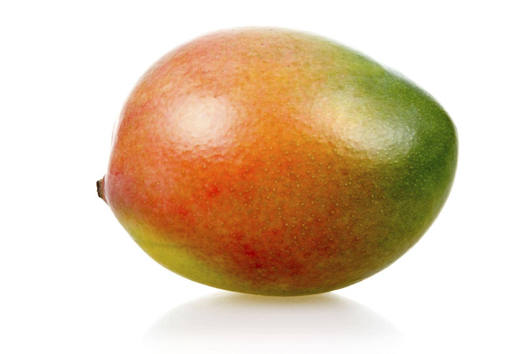 orange and green round mango fruit, gradient red orange and green skin, bright white background, HD Desktop Wallpaper