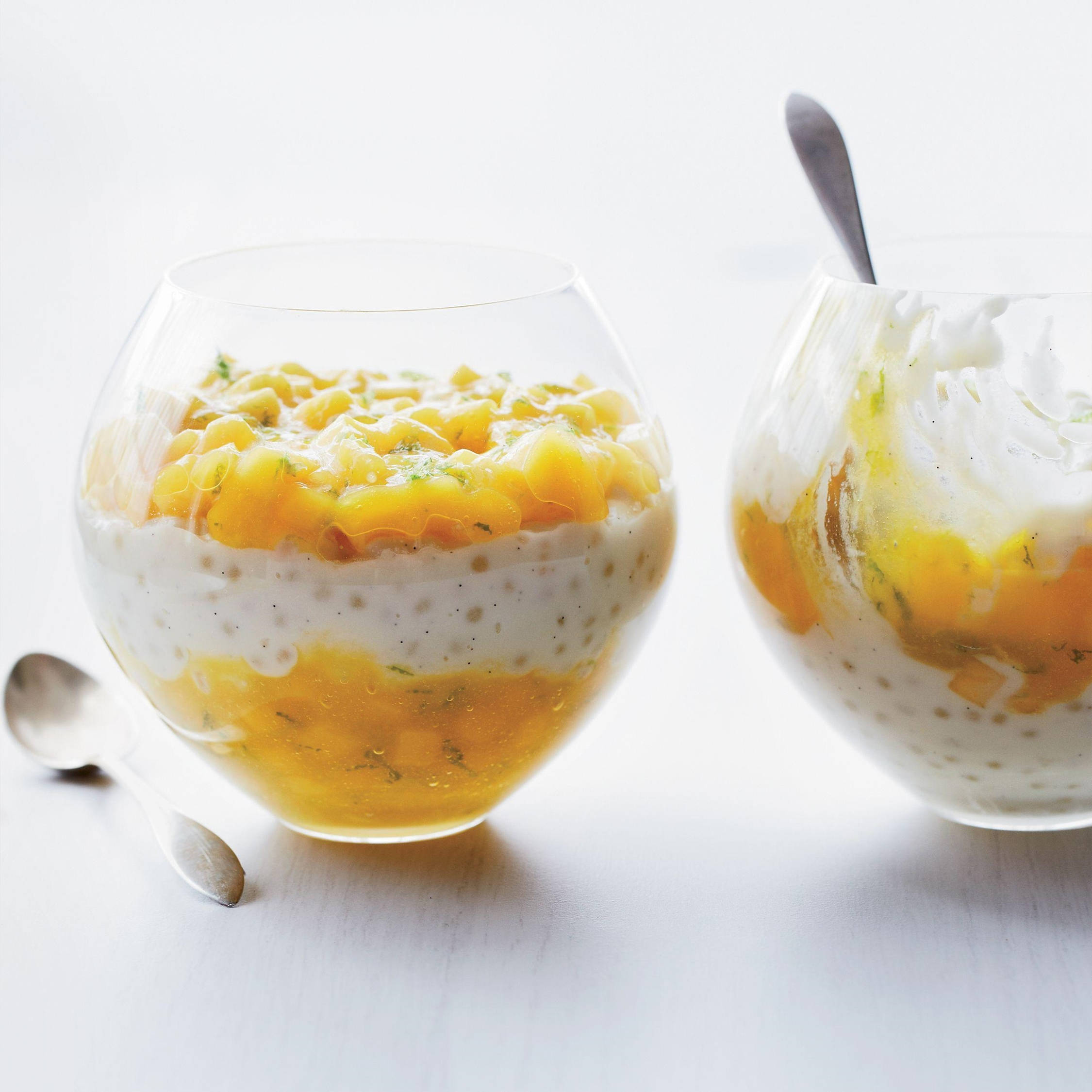 creamy tapioca parfait, mango sago dessert, fresh diced mango, Full HD Desktop Wallpaper