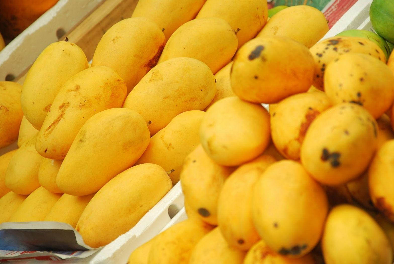 ripe yellow mango fruits, supermarket, white crate, HD Desktop Wallpaper