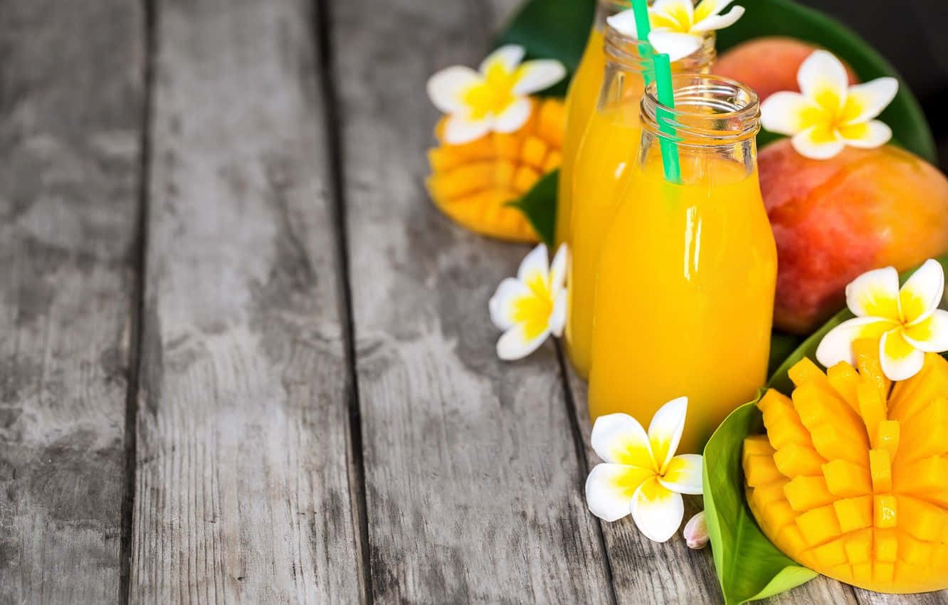 mango juice, glass bottles, green straws, HD Desktop Wallpaper