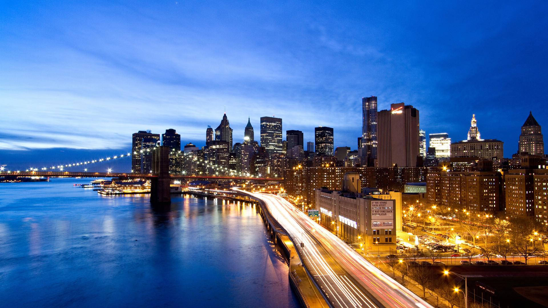 Manhattan, twilight cityscape, glowing skyscrapers, Full HD Desktop Wallpaper