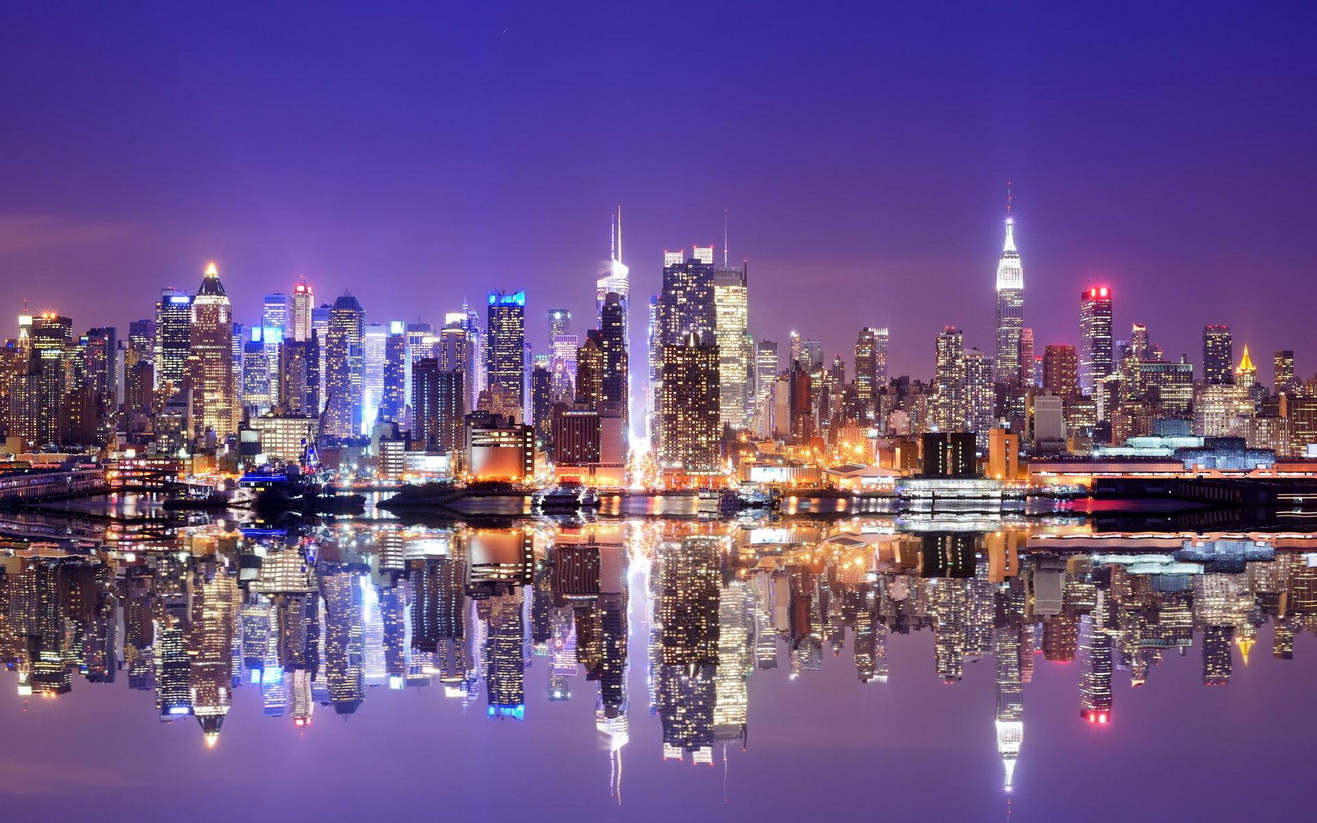 Manhattan, nighttime cityscape, skyscrapers, Full HD Desktop Wallpaper