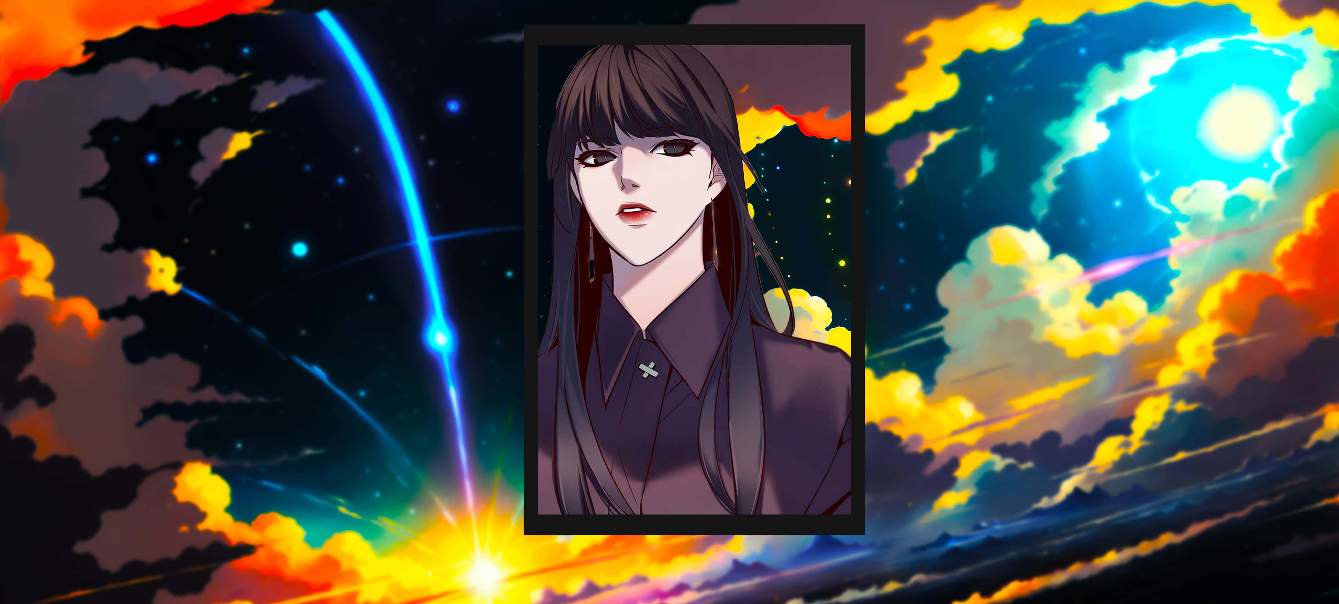 manhwa character, cosmic backdrop, dark-haired woman, 4K Desktop Wallpaper