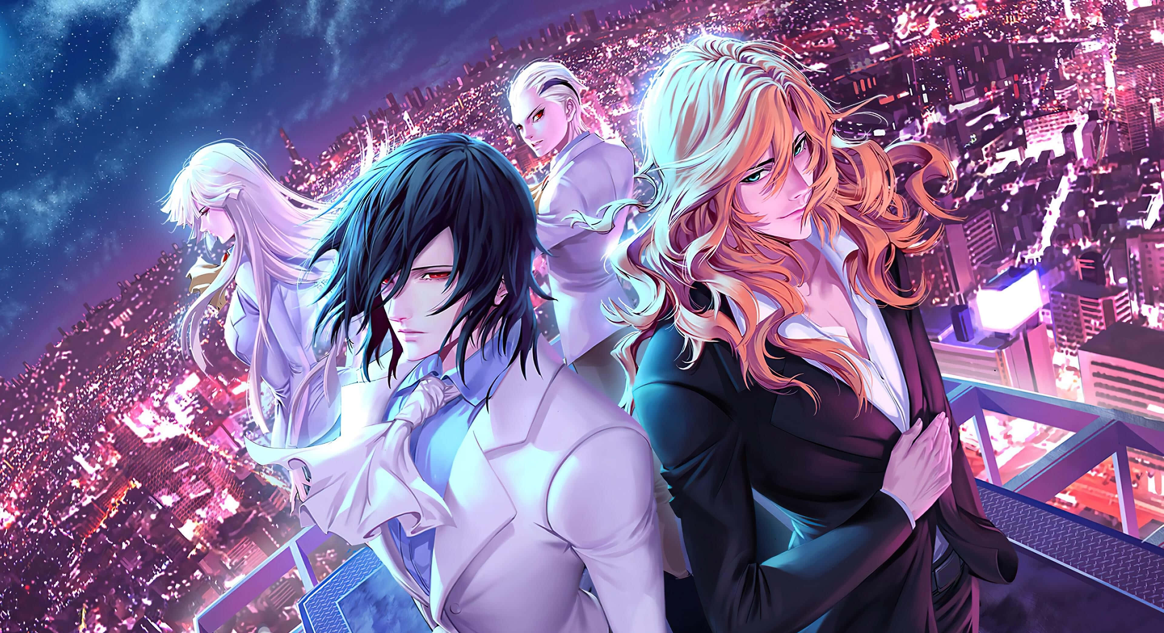 manhwa characters, skyscraper, neon-drenched cityscape, 4K Desktop Wallpaper