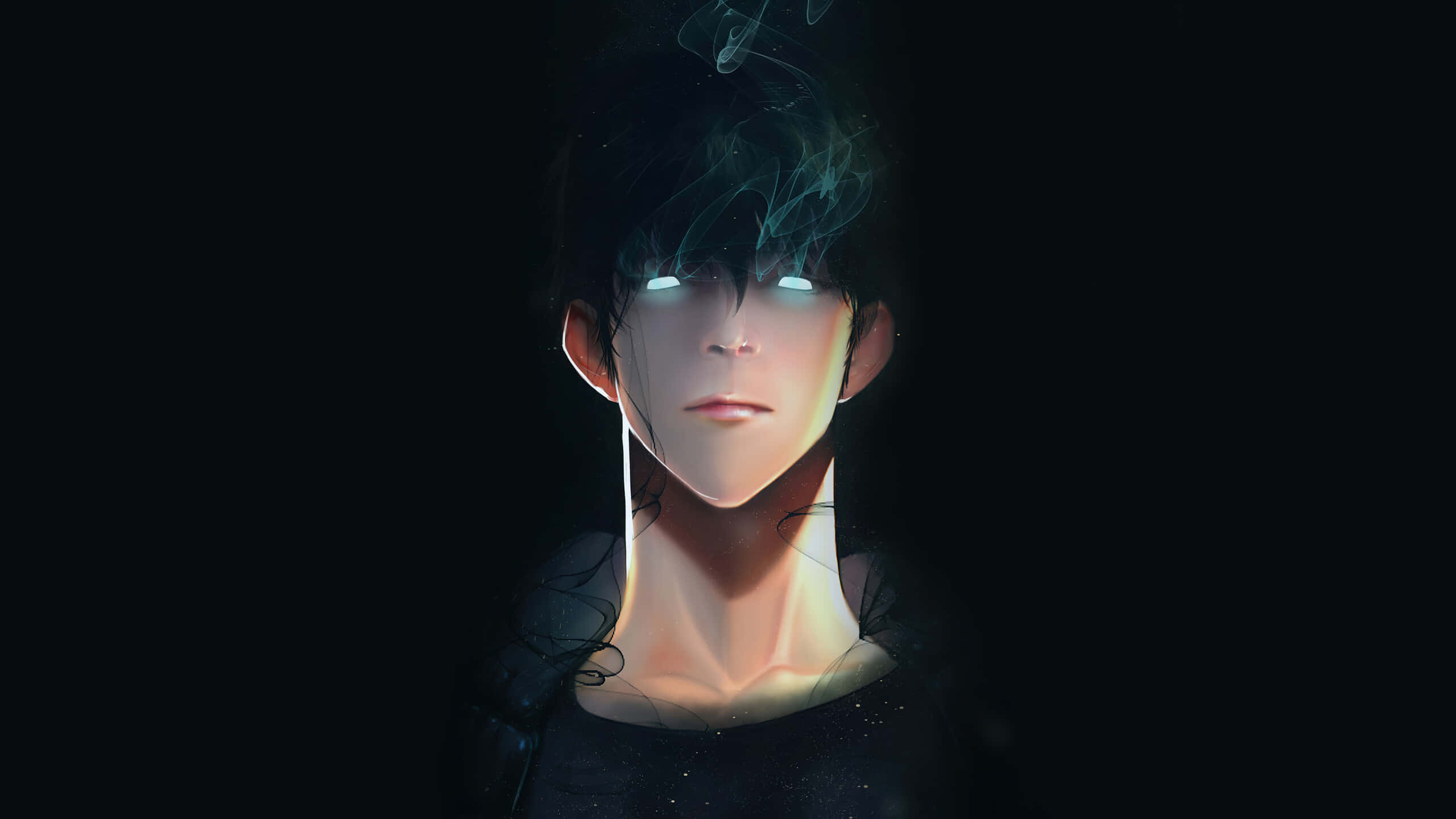 glowing eyes, ethereal smoke, young man, 2K Desktop Wallpaper