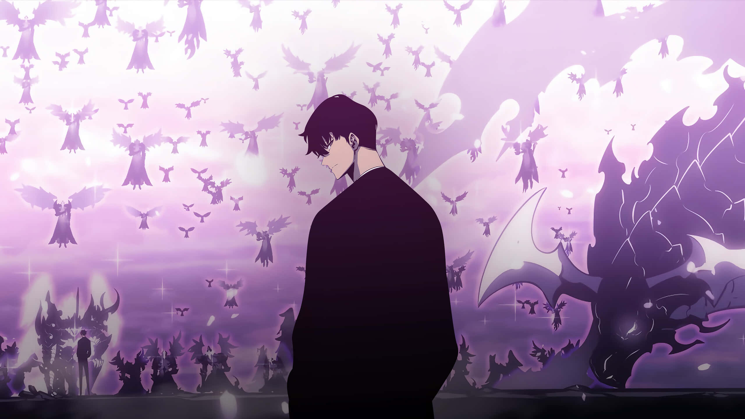 manhwa character, dark army, purple sky, 2K Desktop Wallpaper
