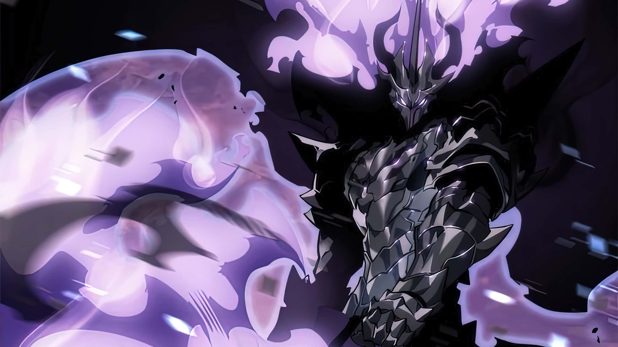 dark armored warrior, glowing purple energy swirls, dynamic anime battle scene, 2K Desktop Wallpaper