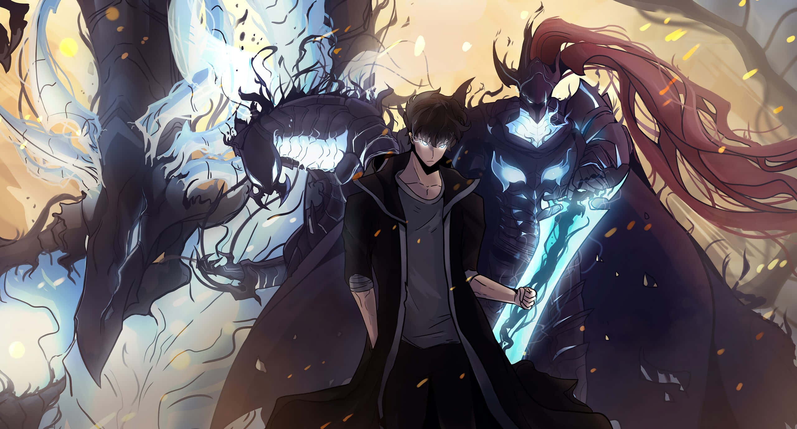 dark-haired anime warrior, glowing sword, monstrous shadowy creatures, 2K Desktop Wallpaper