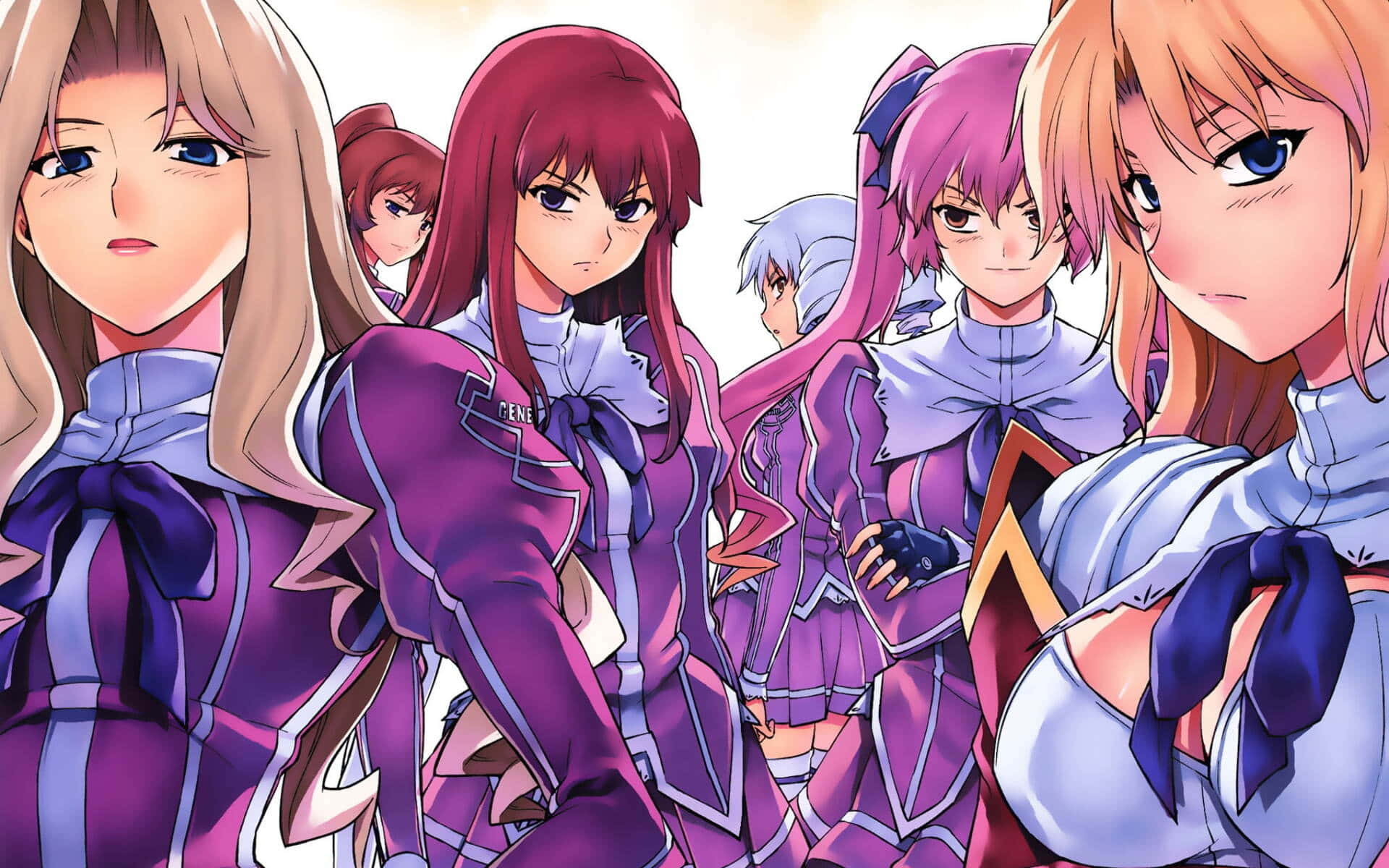 anime style, female characters, purple uniforms, Full HD Desktop Wallpaper