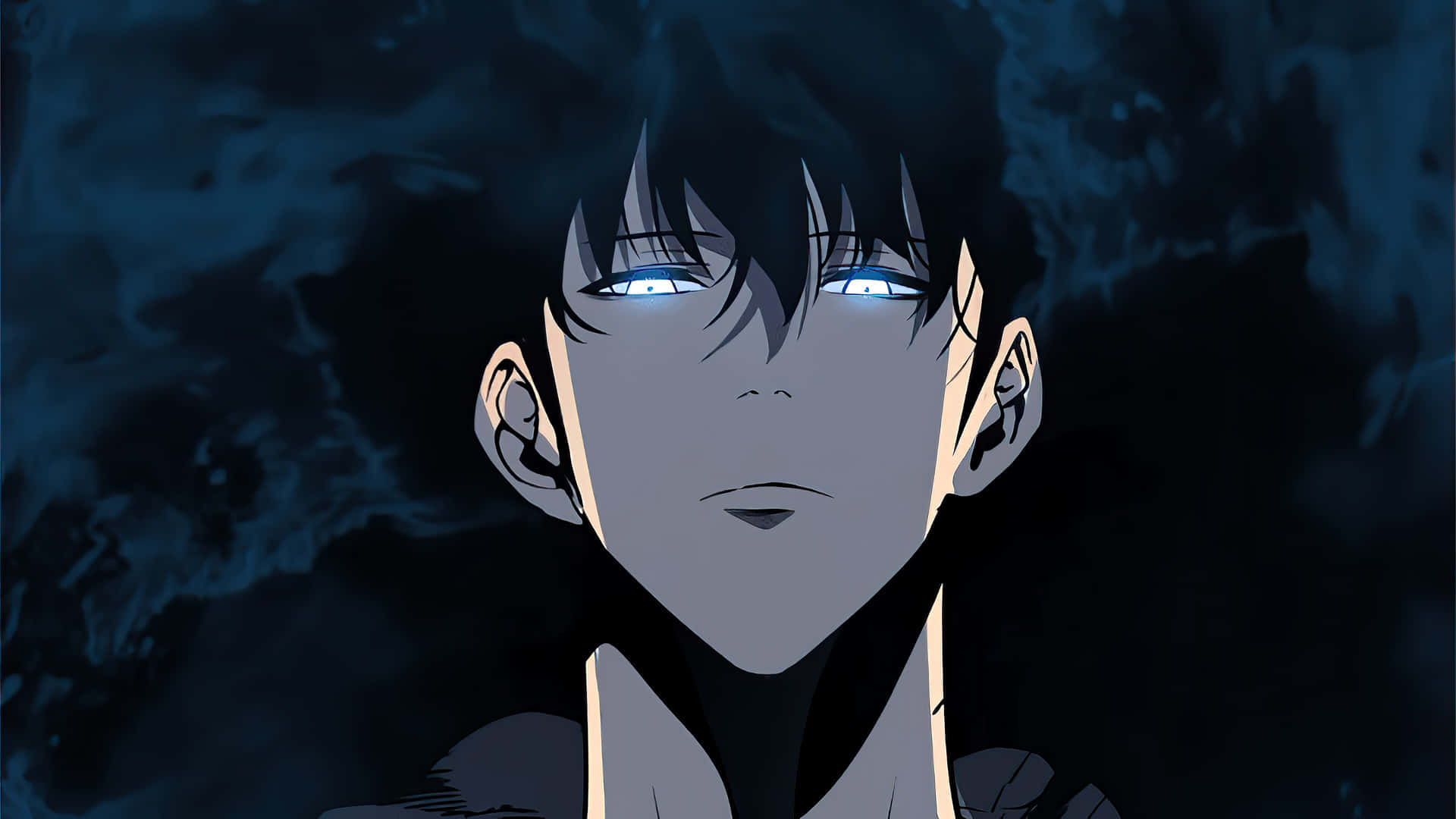 glowing blue eyes, dark hair, stormy blue background, Full HD Desktop Wallpaper