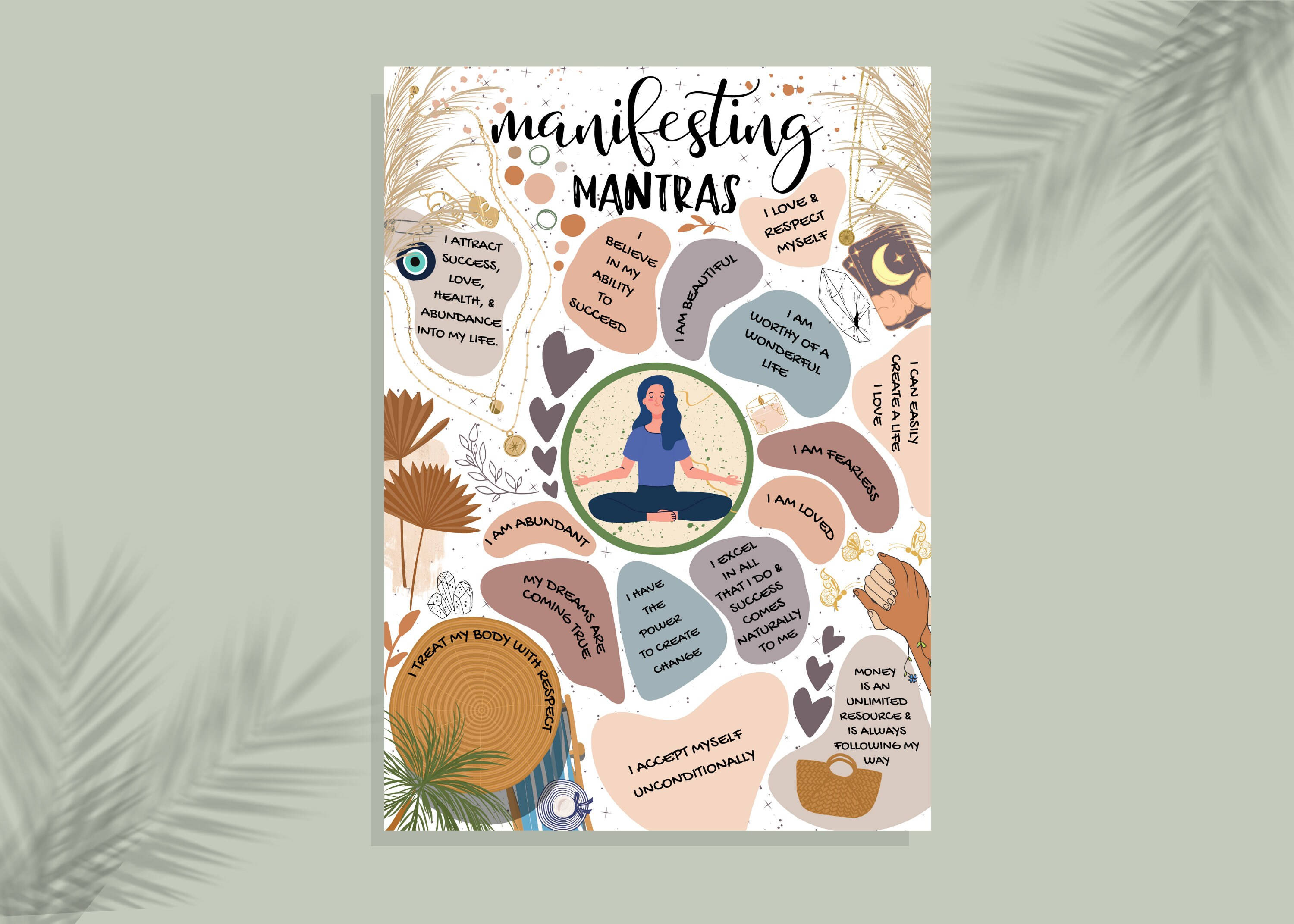 Manifesting Mantras Display, I am abundant, I love myself, 2K Desktop Wallpaper