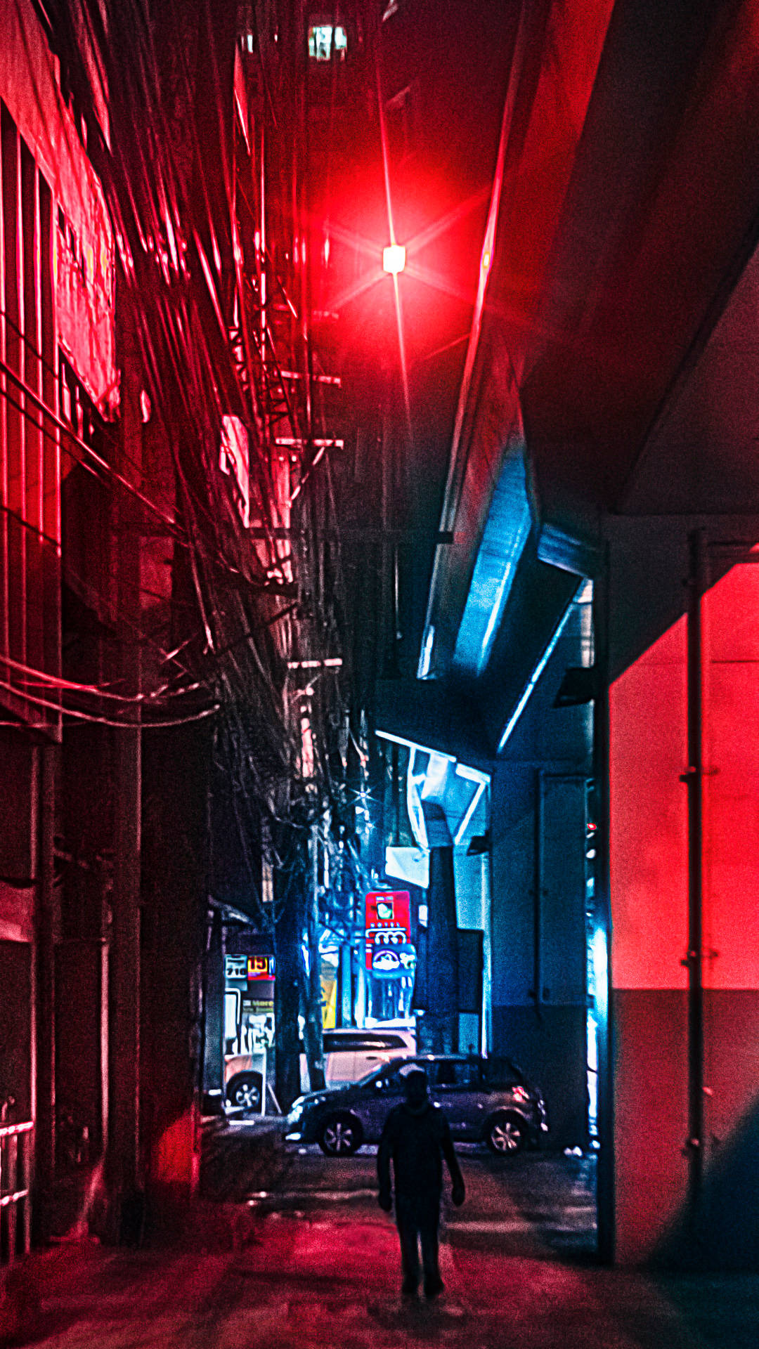 Manila, neon-drenched alley, red and blue lights, Full HD Phone Wallpaper