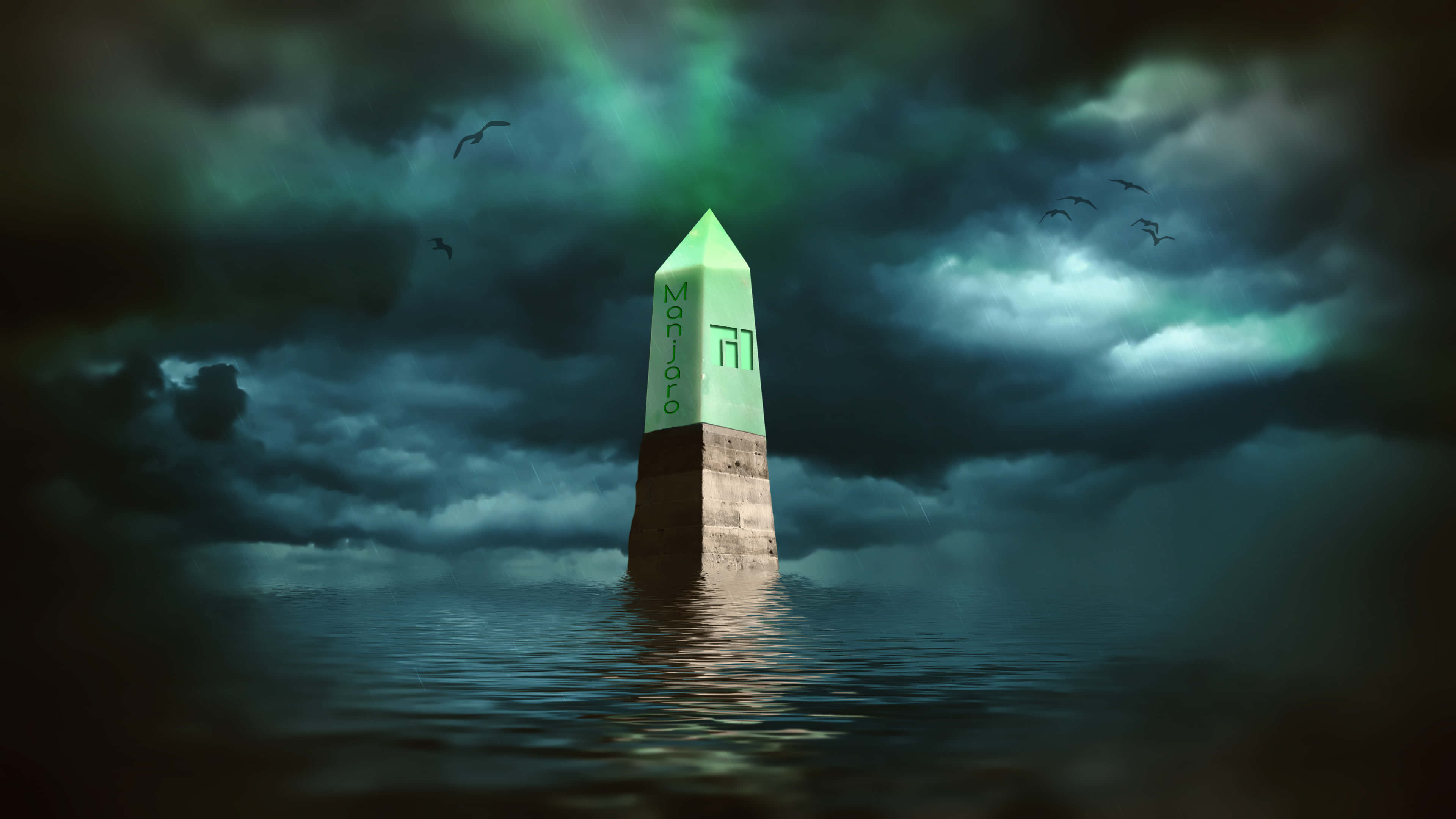 Manjaro, glowing green obelisk, dark water, 4K Desktop Wallpaper
