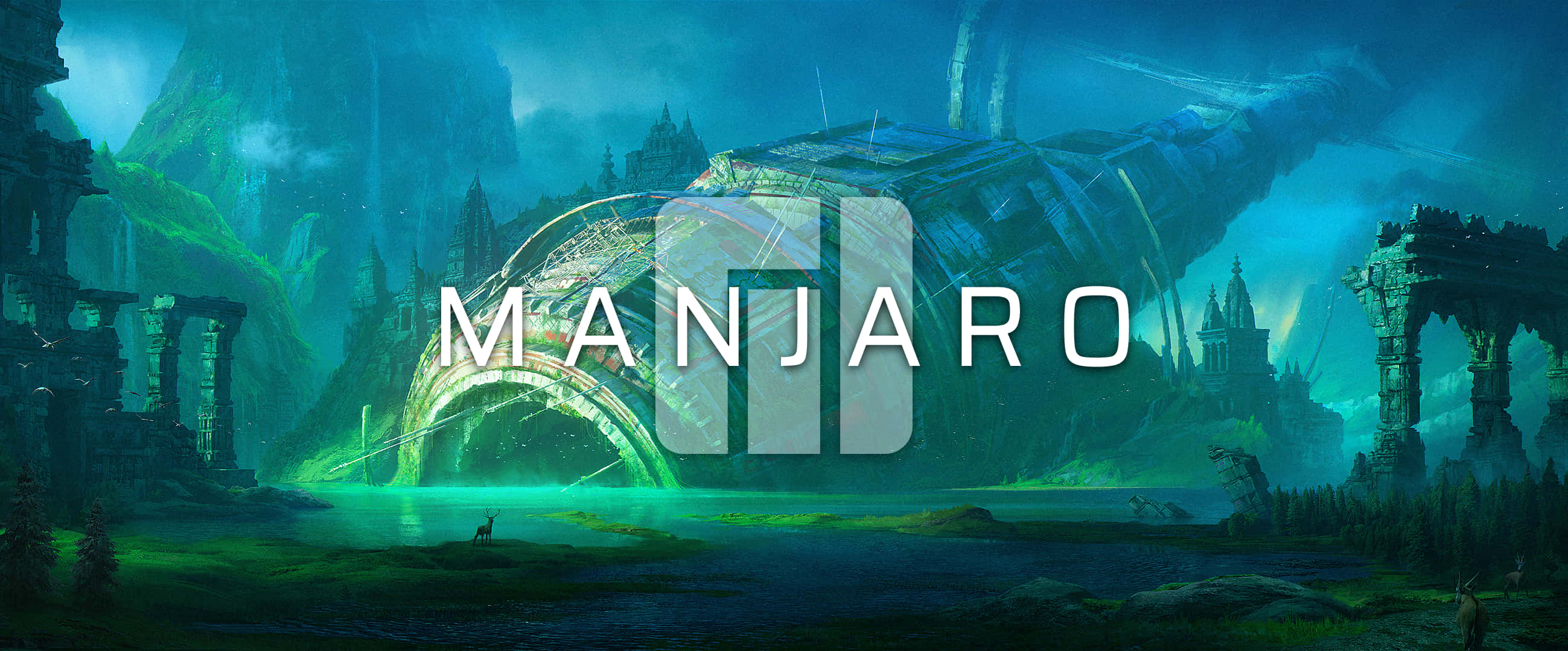 Manjaro, glowing teal, alien ruin, 2K Desktop Wallpaper