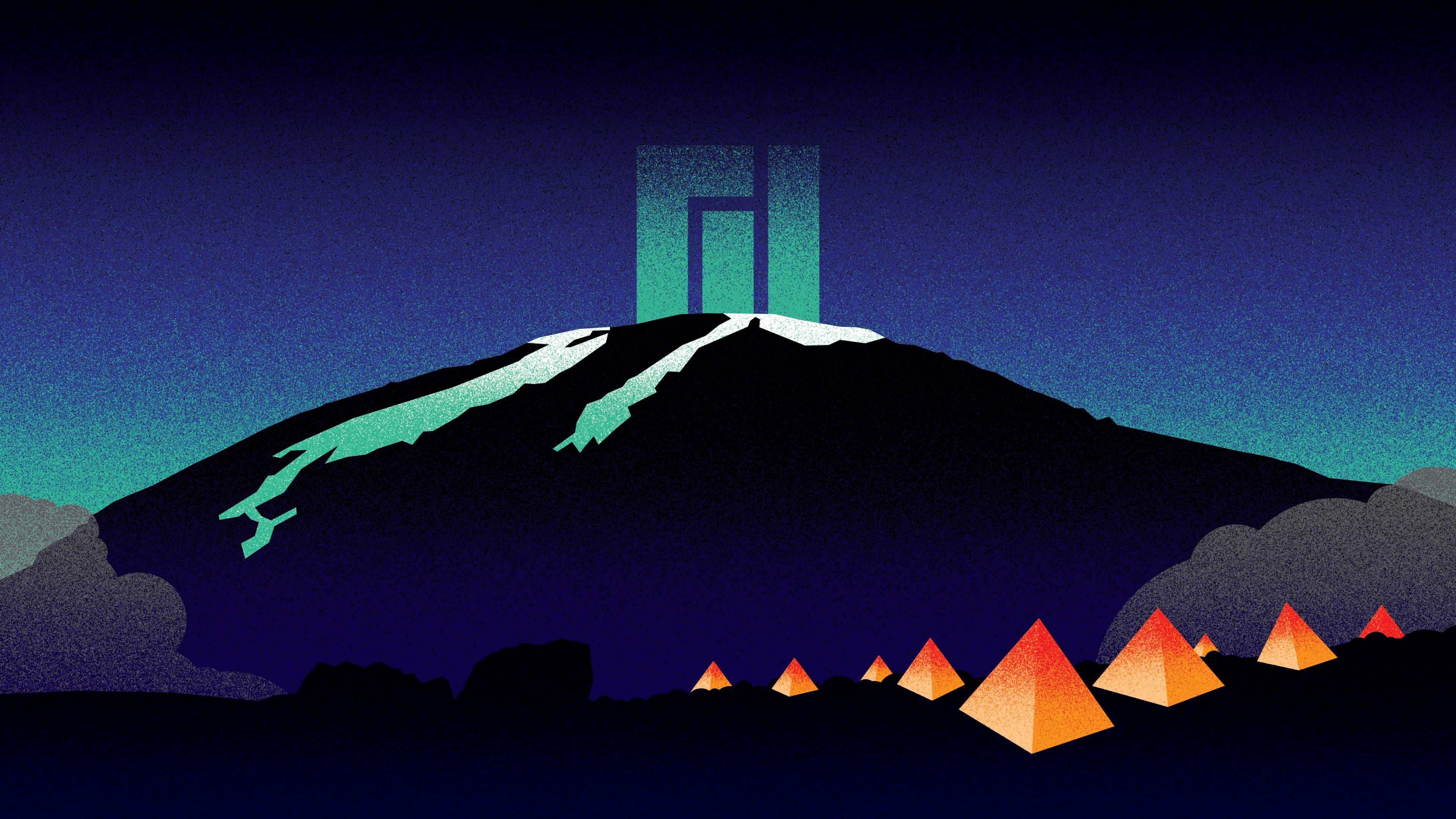 Manjaro, glowing teal peaks, orange pyramids, 4K Desktop Wallpaper