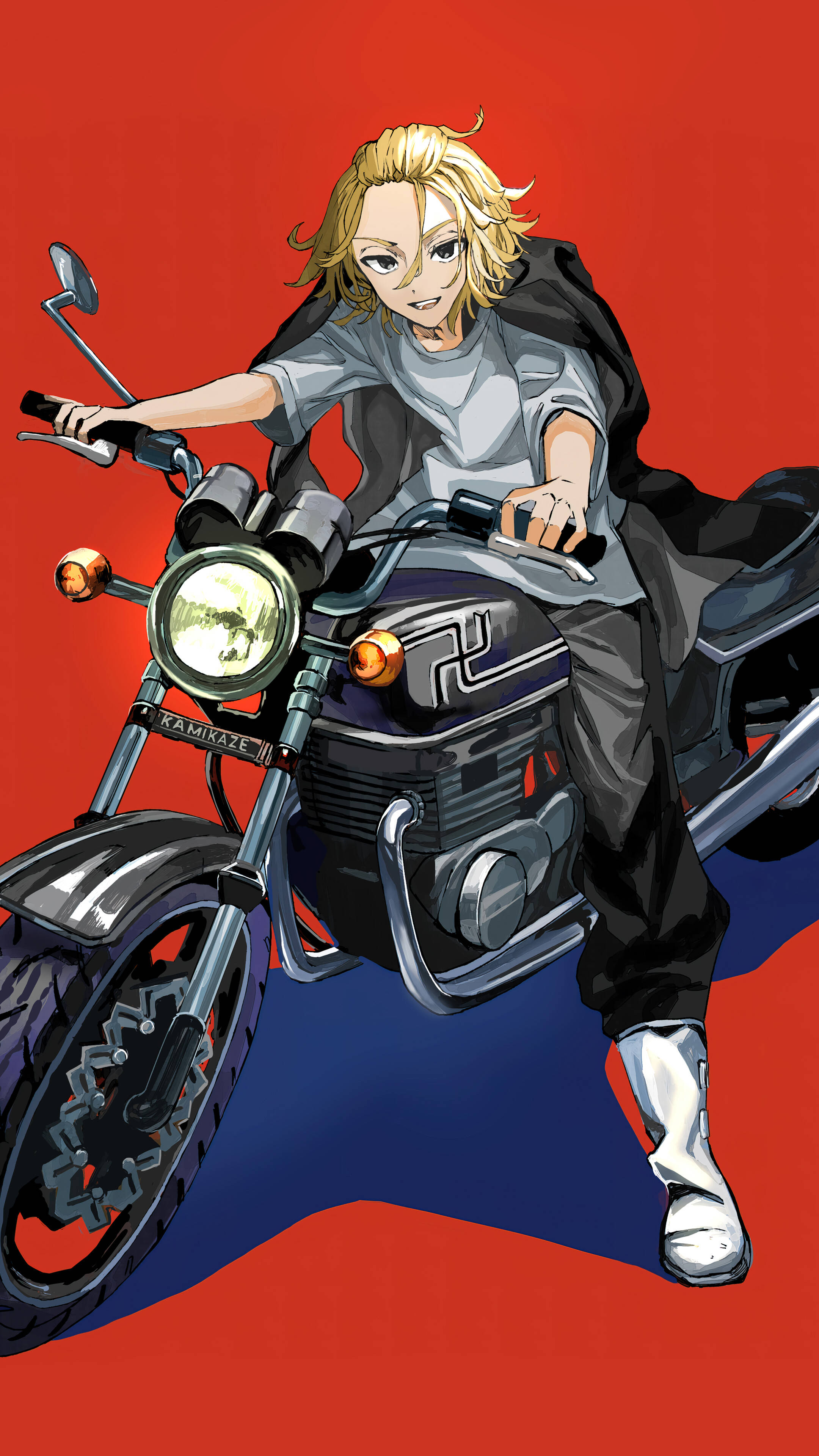 Manjiro Sano, black motorcycle, bold red and blue background, 4K Phone Wallpaper