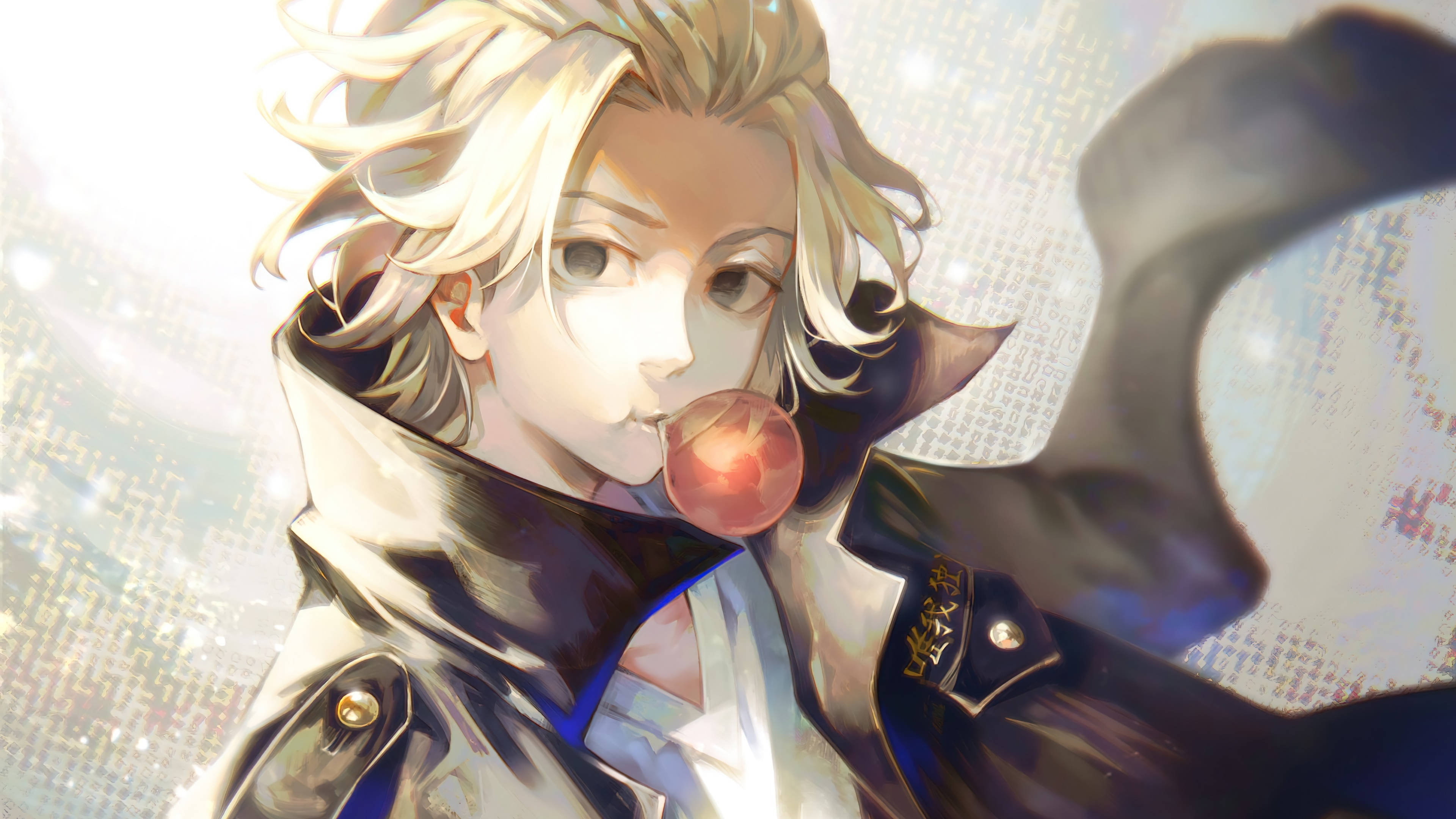 Manjiro Sano, glowing red bubblegum bubble, dark coat, 4K Desktop Wallpaper