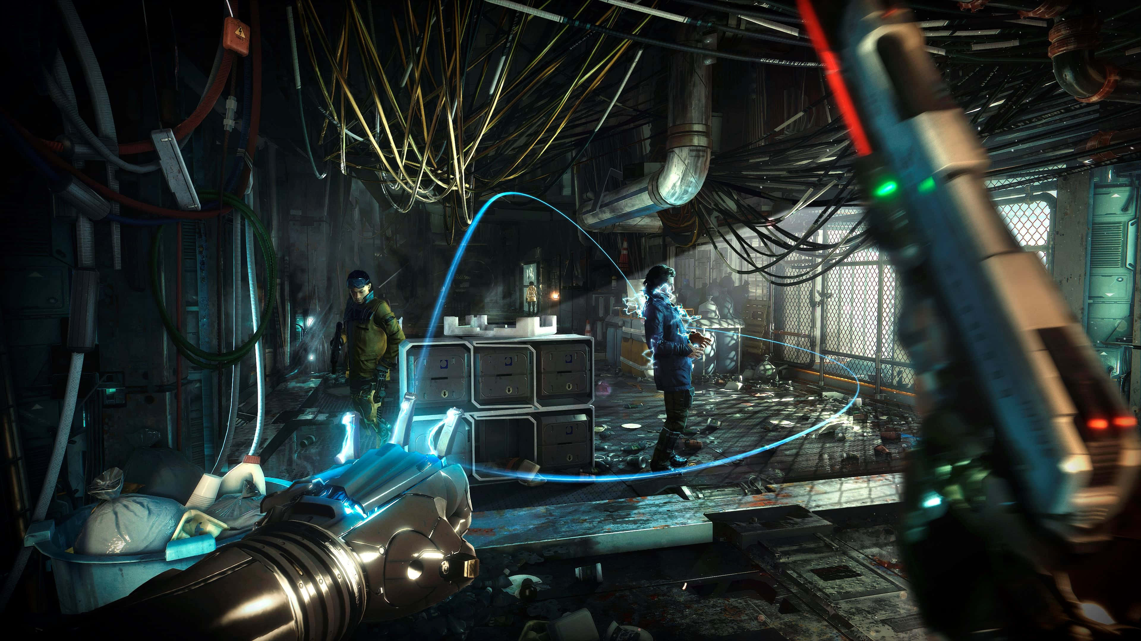 Mankind Divided, glowing blue energy cables, armored figures, 4K Desktop Wallpaper