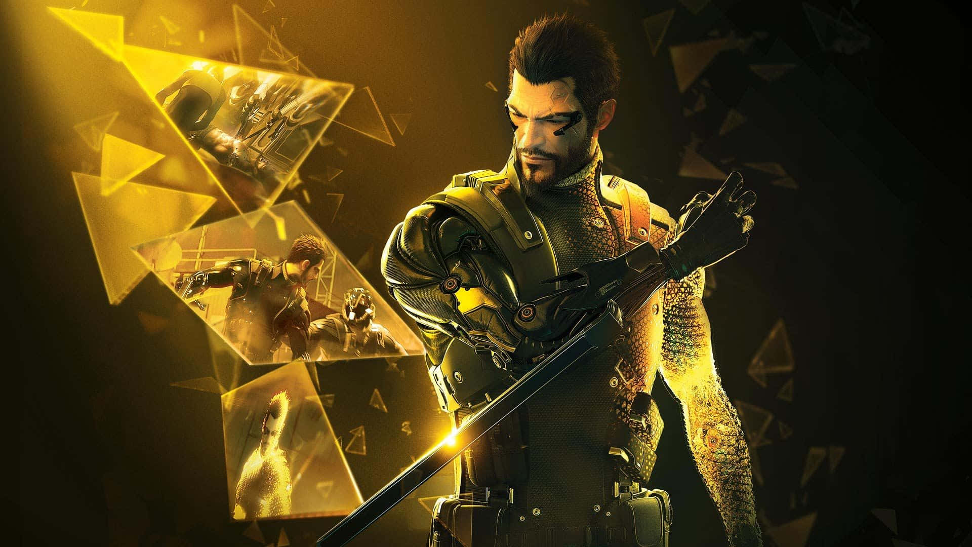 Mankind Divided, cyberpunk warrior, glowing yellow accents, Full HD Desktop Wallpaper