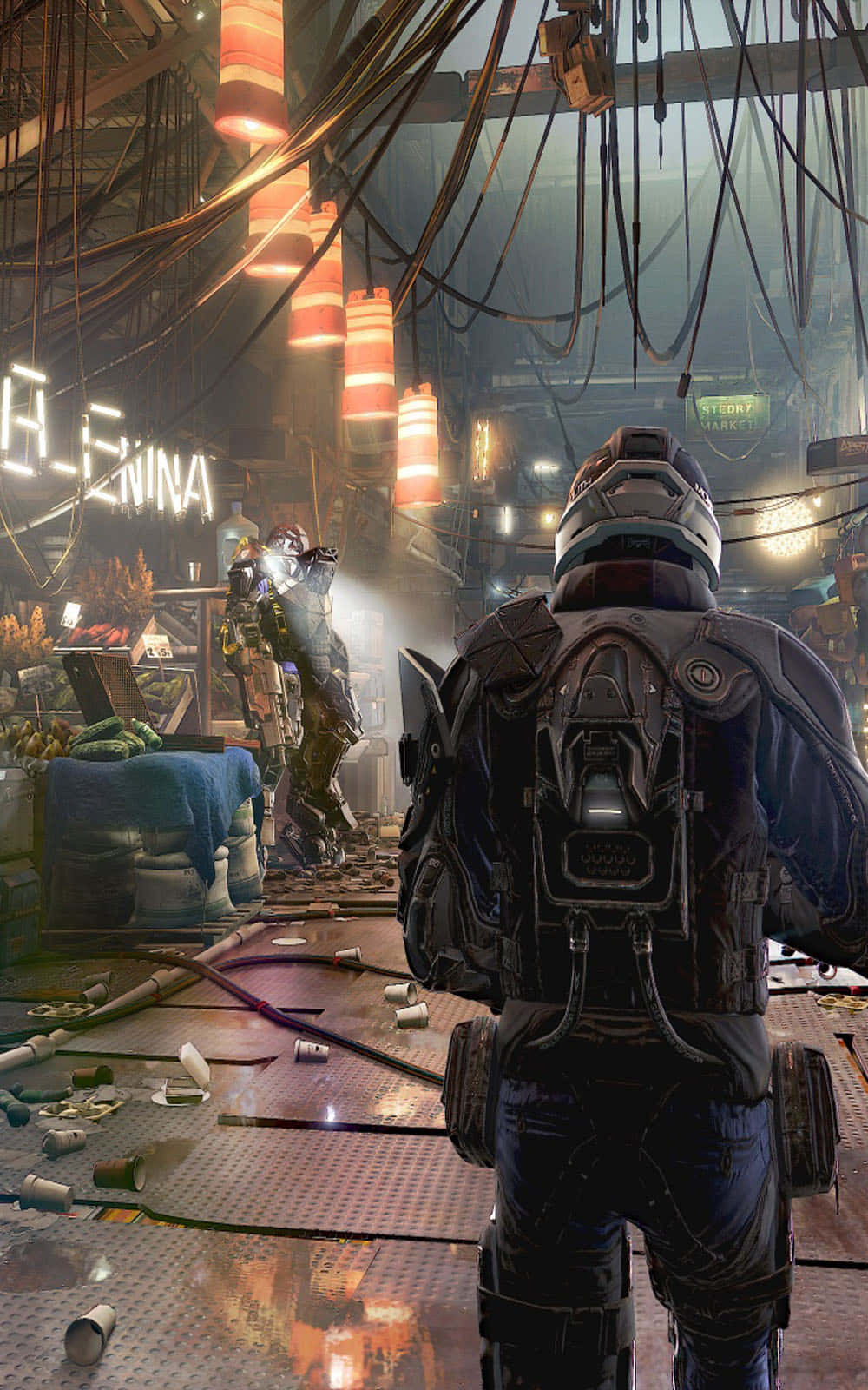 Mankind Divided, neon-lit cyberpunk alleyway, armored figure, HD Phone Wallpaper