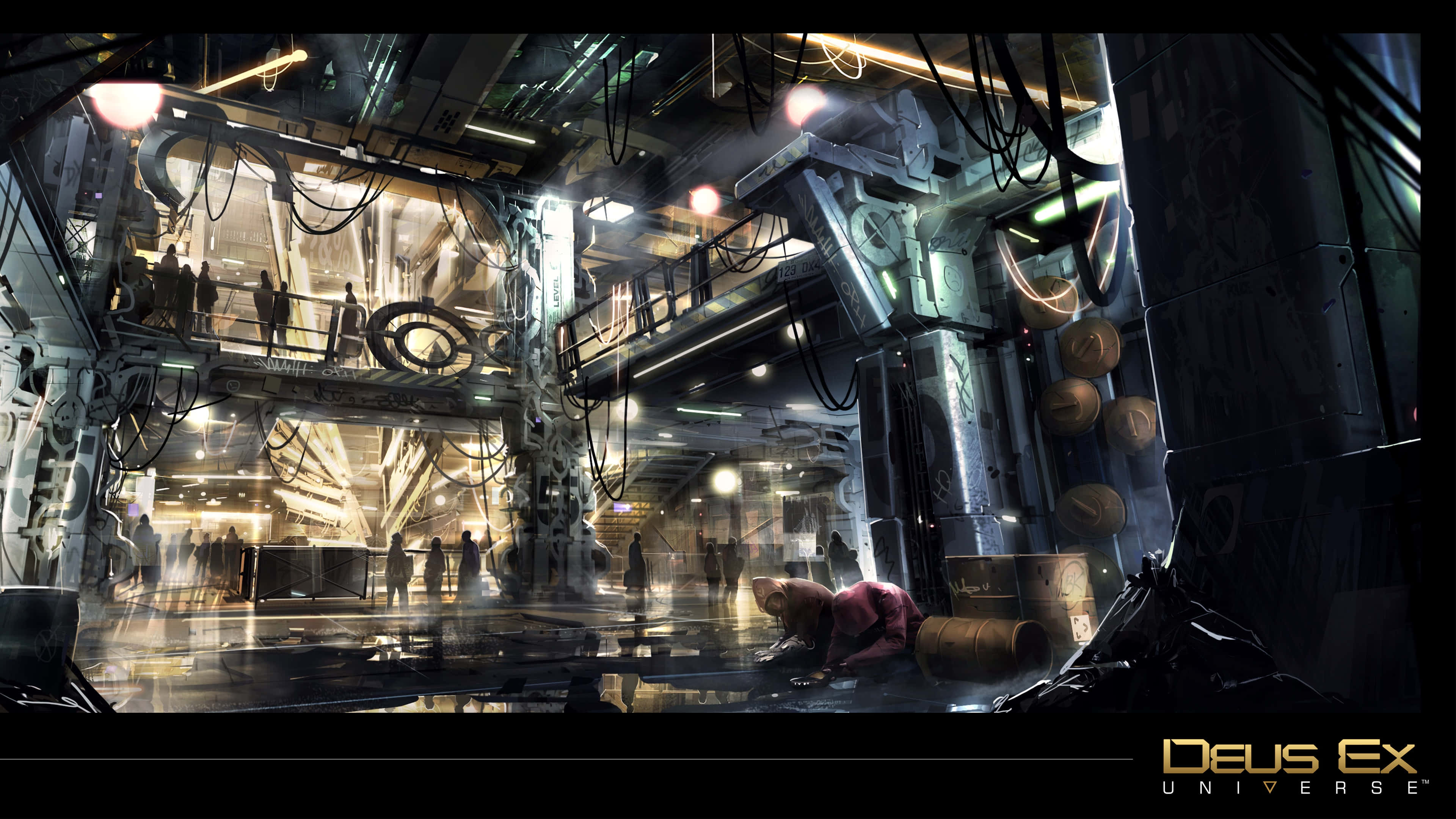 Mankind Divided, cyberpunk, rain-slicked futuristic hall, 4K Desktop Wallpaper