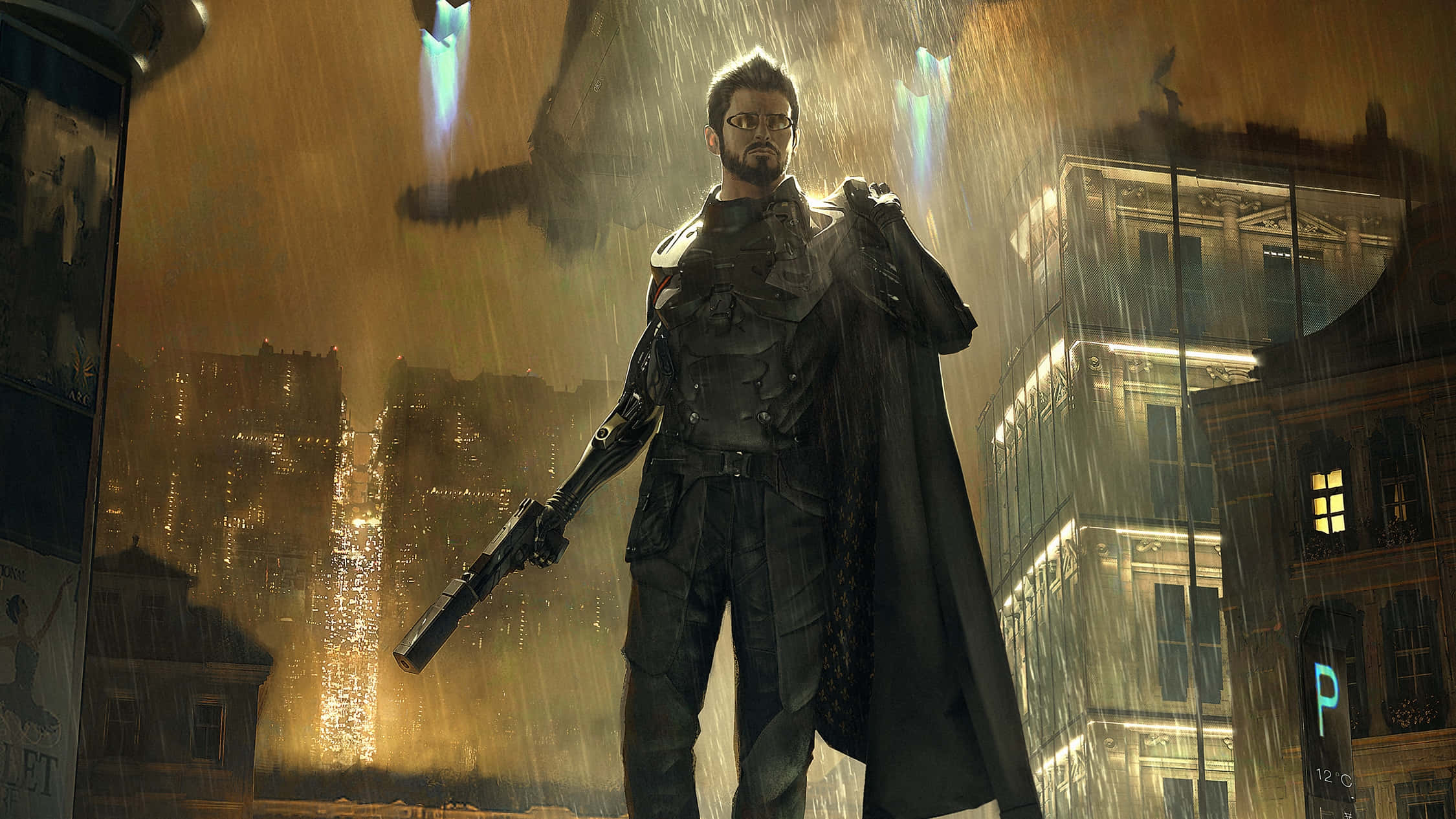 Mankind Divided, neon-lit city street, night, Full HD Desktop Wallpaper