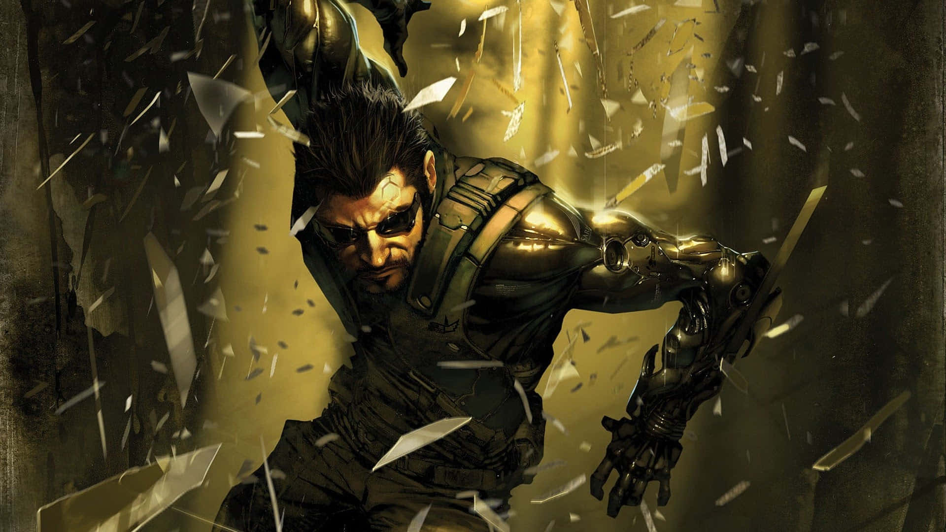 Mankind Divided, shattered glass, glowing golden arm, Full HD Desktop Wallpaper