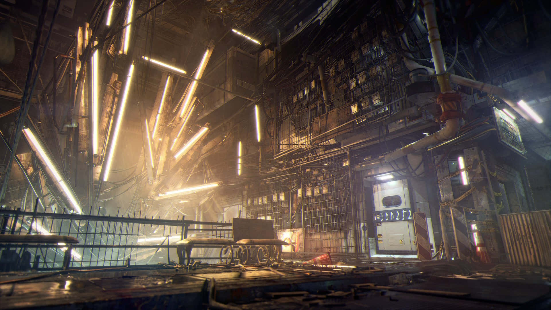 Mankind Divided, neon tubes, industrial warehouse, Full HD Desktop Wallpaper