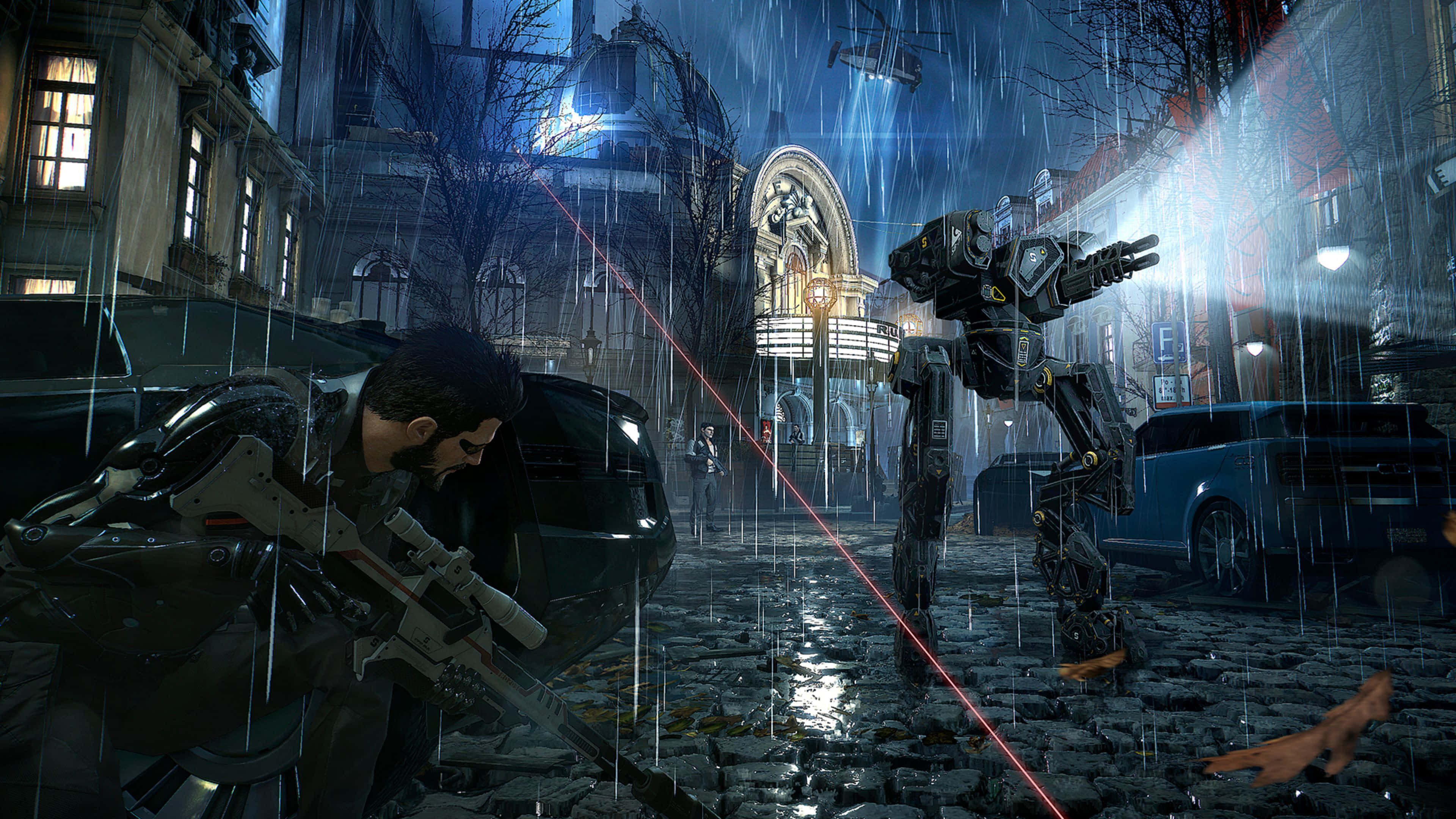 Mankind Divided, neon lights, rain-slicked cobblestone streets, 4K Desktop Wallpaper