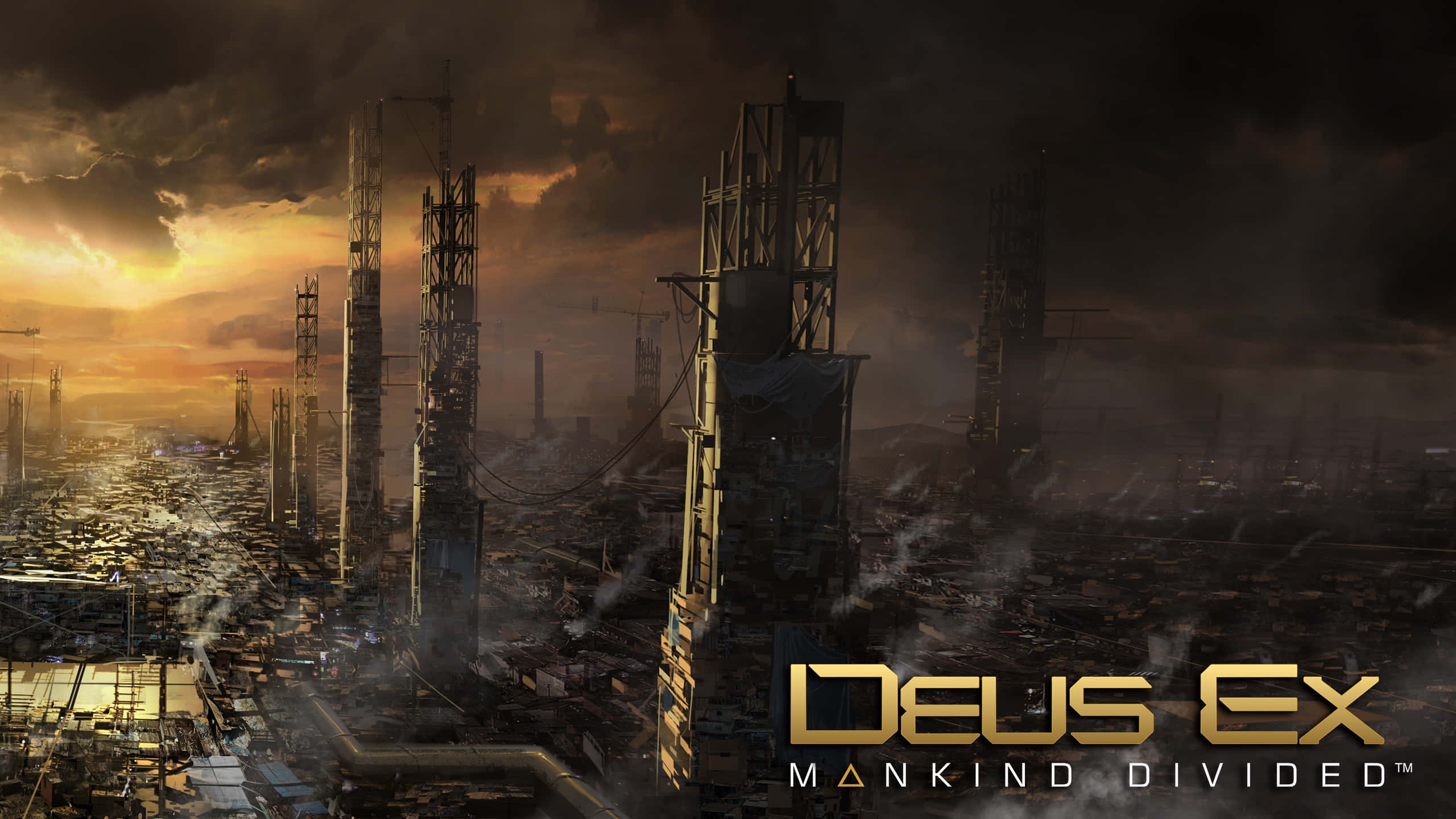 Mankind Divided, sunset, dystopian cityscape, 2K Desktop Wallpaper