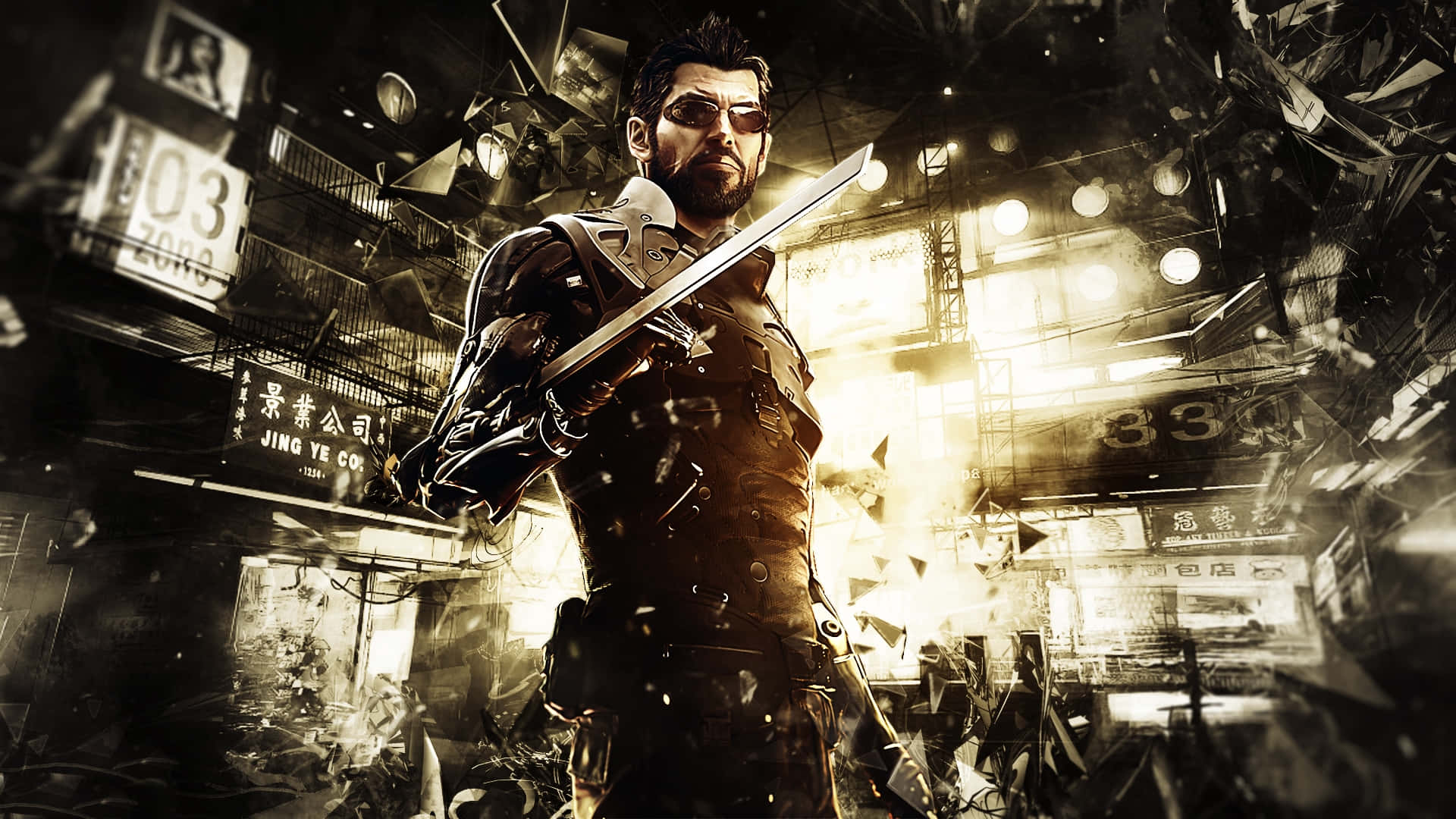 Mankind Divided, neon-lit urban ruin, tactical gear, Full HD Desktop Wallpaper