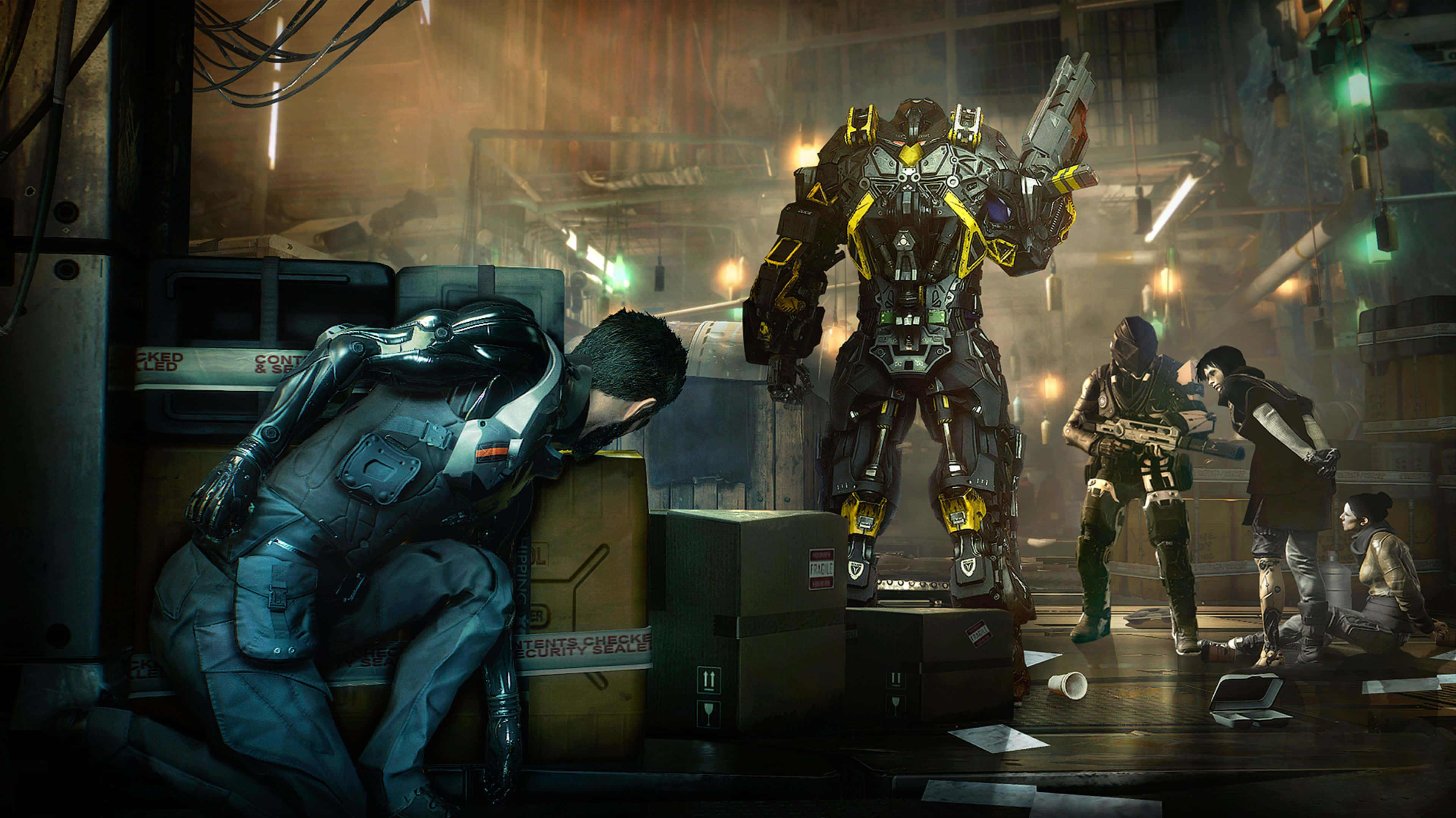 Mankind Divided, yellow and black mech, cluttered warehouse, 4K Desktop Wallpaper