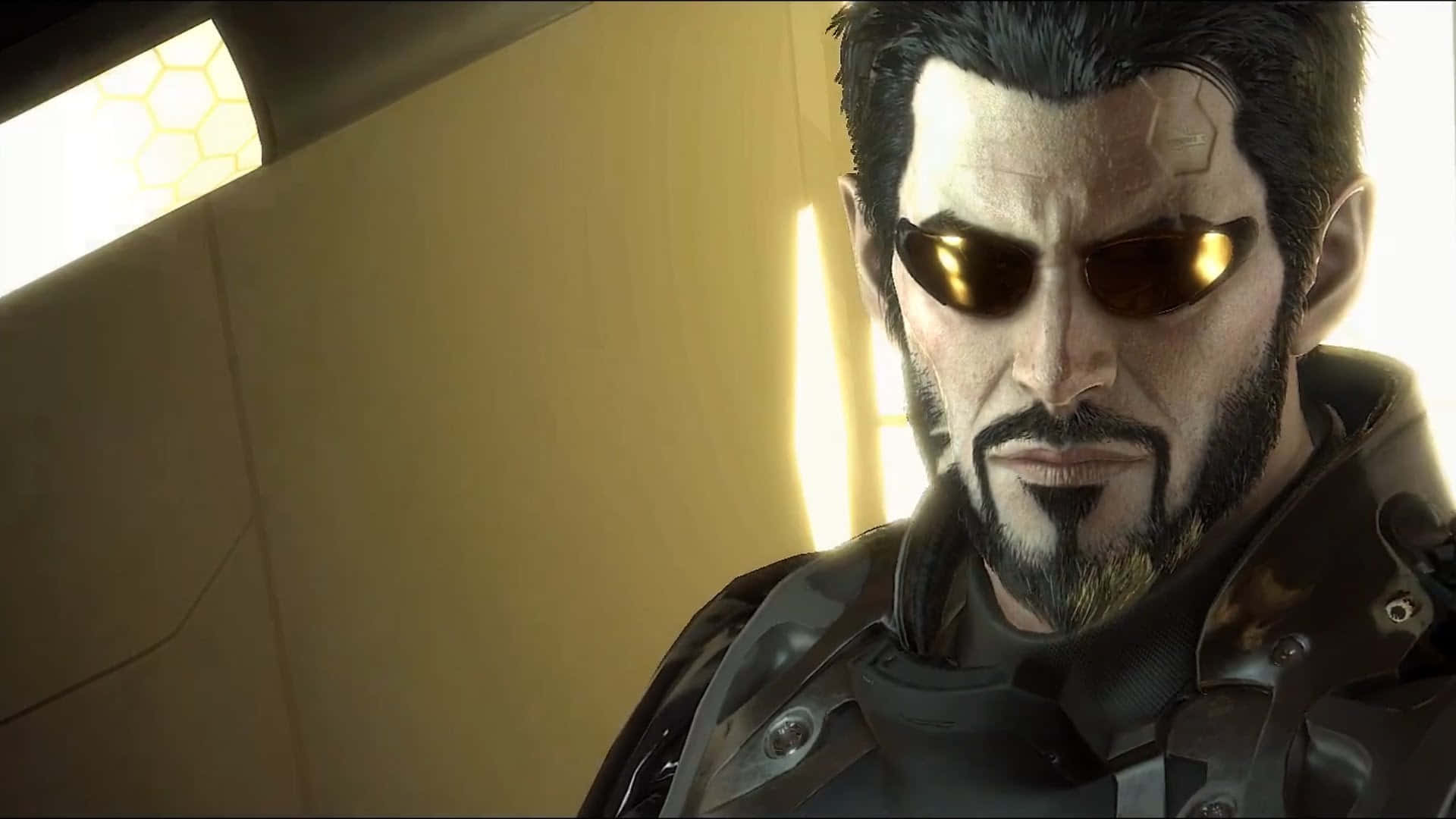 Mankind Divided, glowing gold sunglasses, goatee, Full HD Desktop Wallpaper