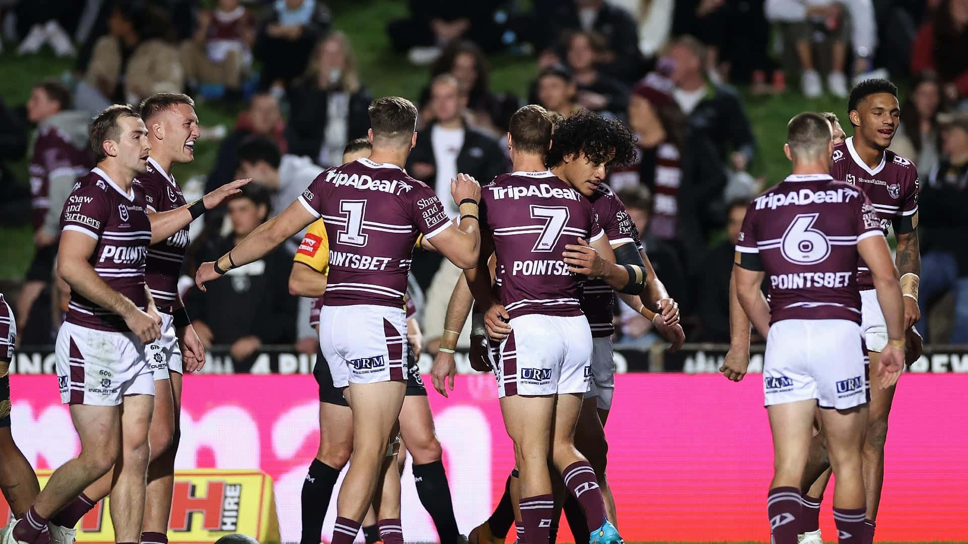 Manly Sea Eagles, maroon jerseys, stadium lights, Full HD Desktop Wallpaper