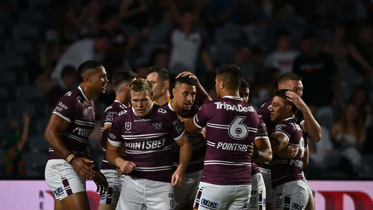 Manly Sea Eagles, maroon jerseys, stadium lights, HD Desktop Wallpaper