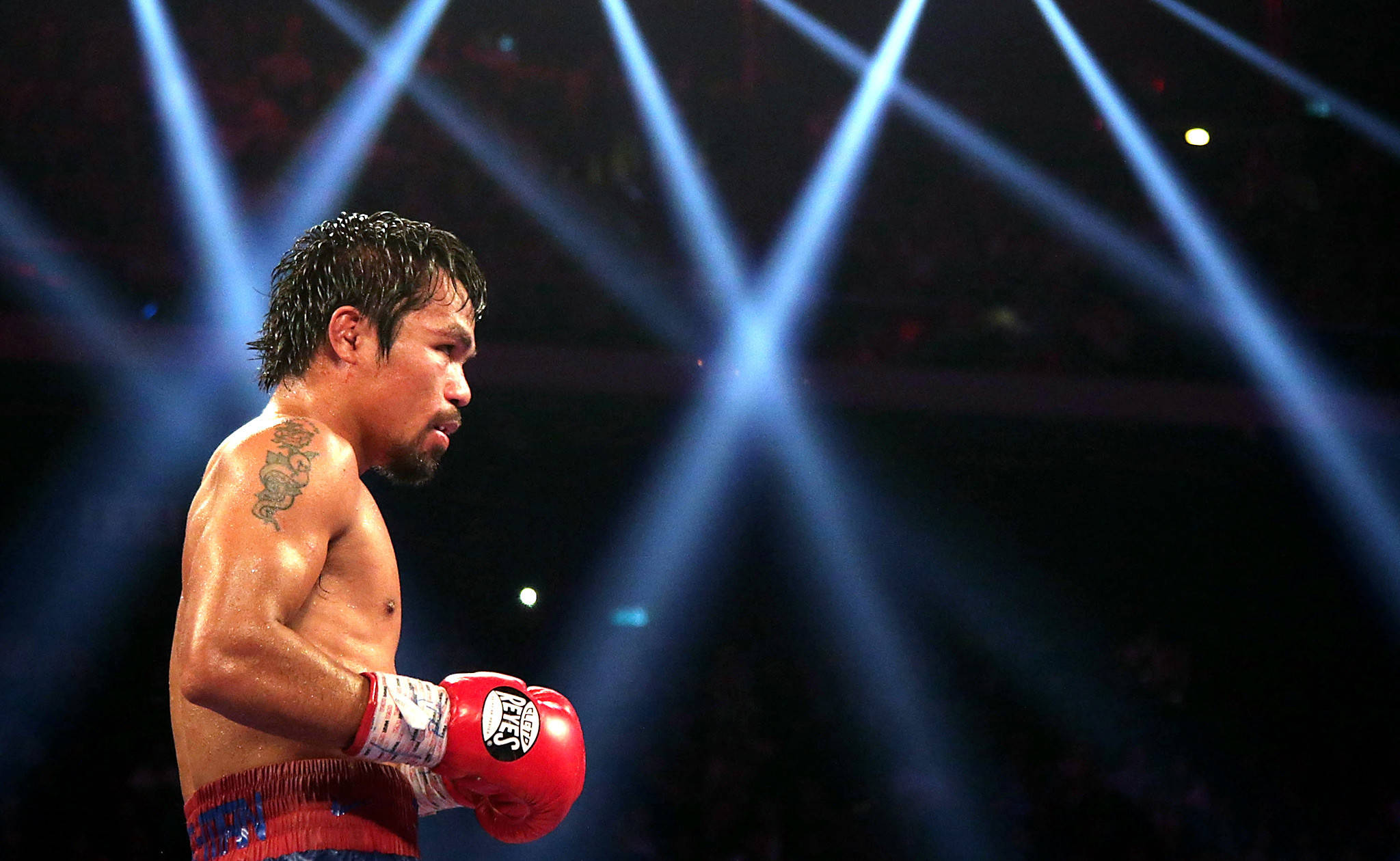 Manny Pacquiao, red gloves, bright blue arena lights, Full HD Desktop Wallpaper