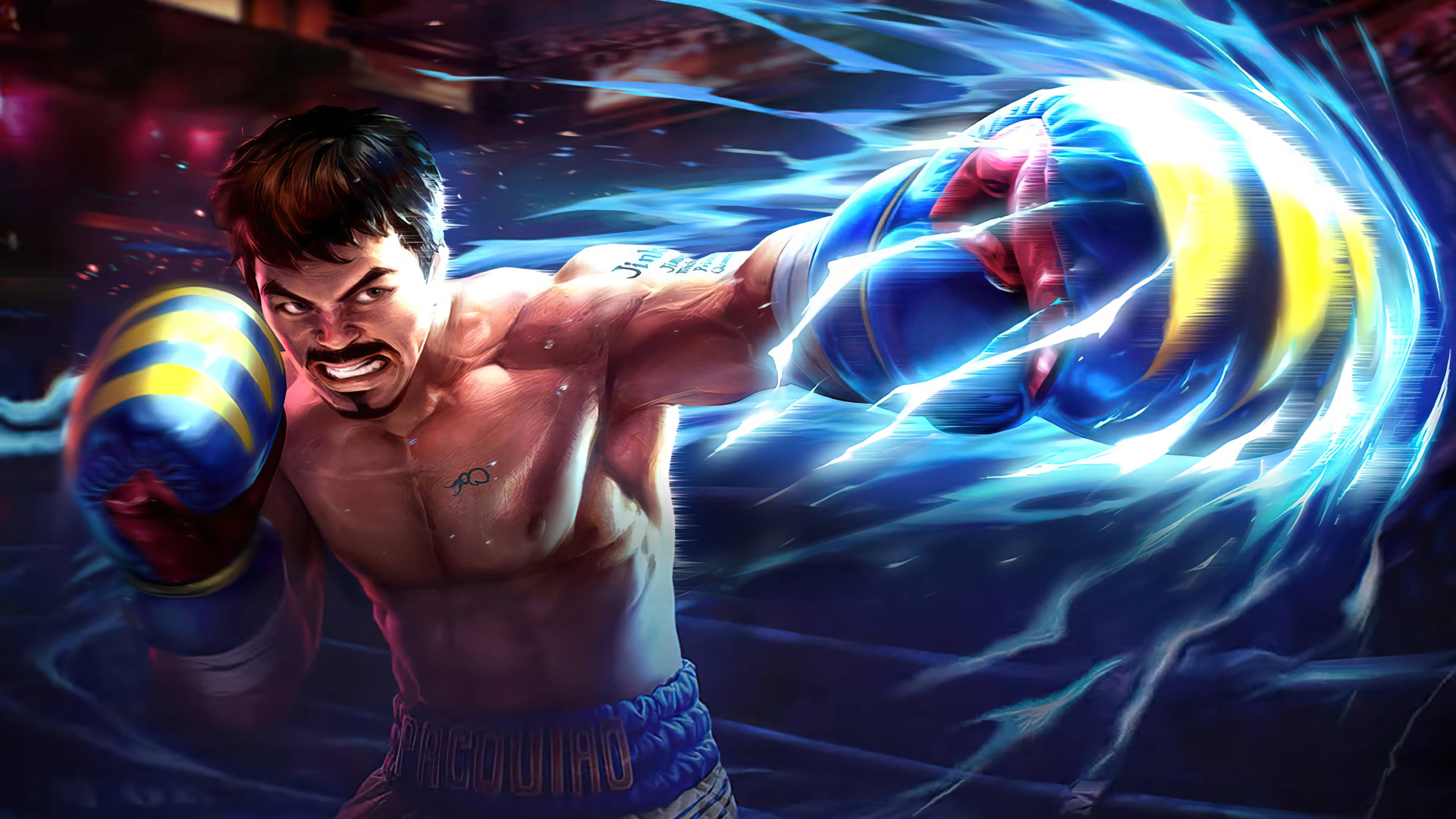 Manny Pacquiao, glowing blue energy punch, digital-art fight scene, 4K Desktop Wallpaper