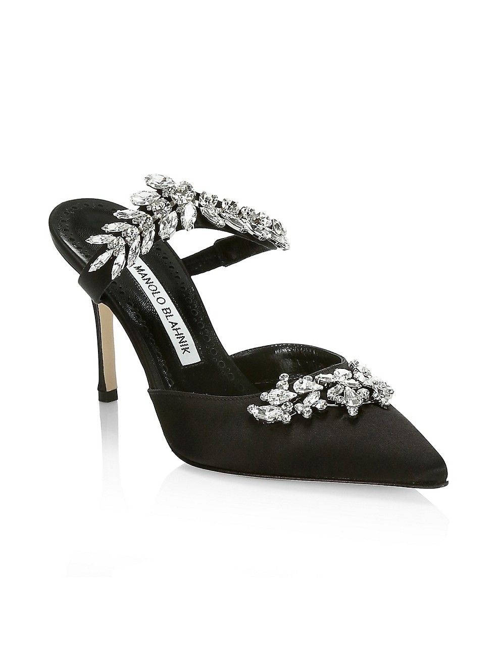 Manolo Blahnik, black satin mule pump, sparkling crystal embellishments, HD Phone Wallpaper