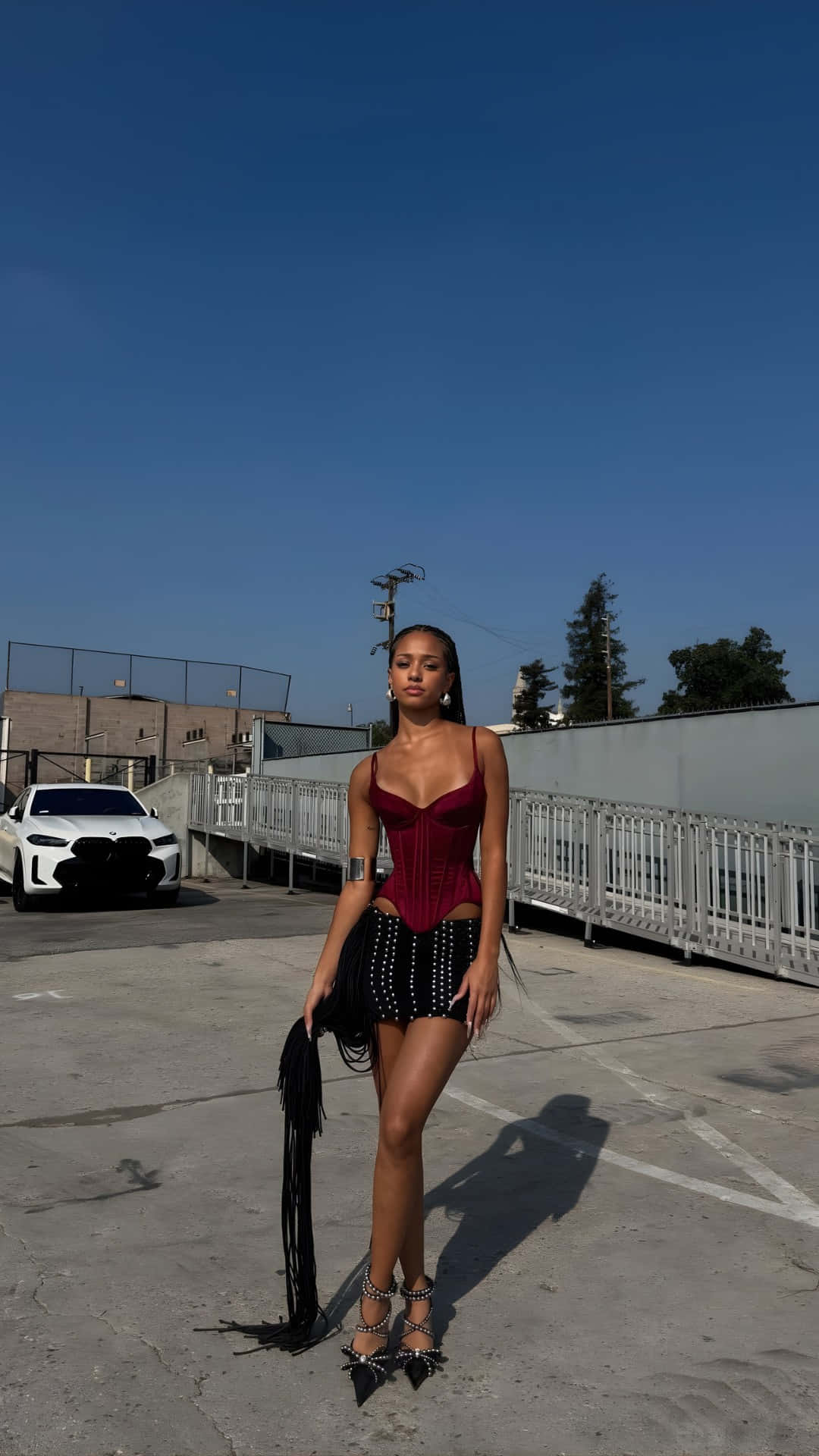 Manon Bannerman, red corset, black studded shorts, Full HD Phone Wallpaper