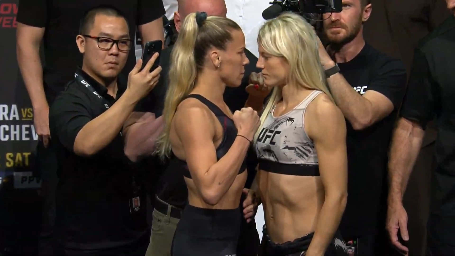 Manon Fiorot, UFC fighters, staredown, Full HD Desktop Wallpaper