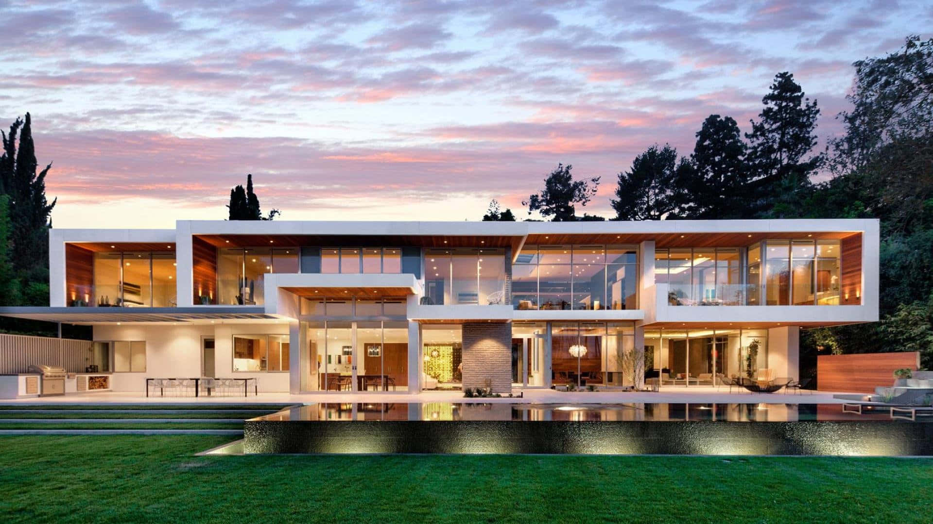 aesthetic glass mansion, modern glass and white concrete mansion, tranquil pool, Full HD Desktop Wallpaper