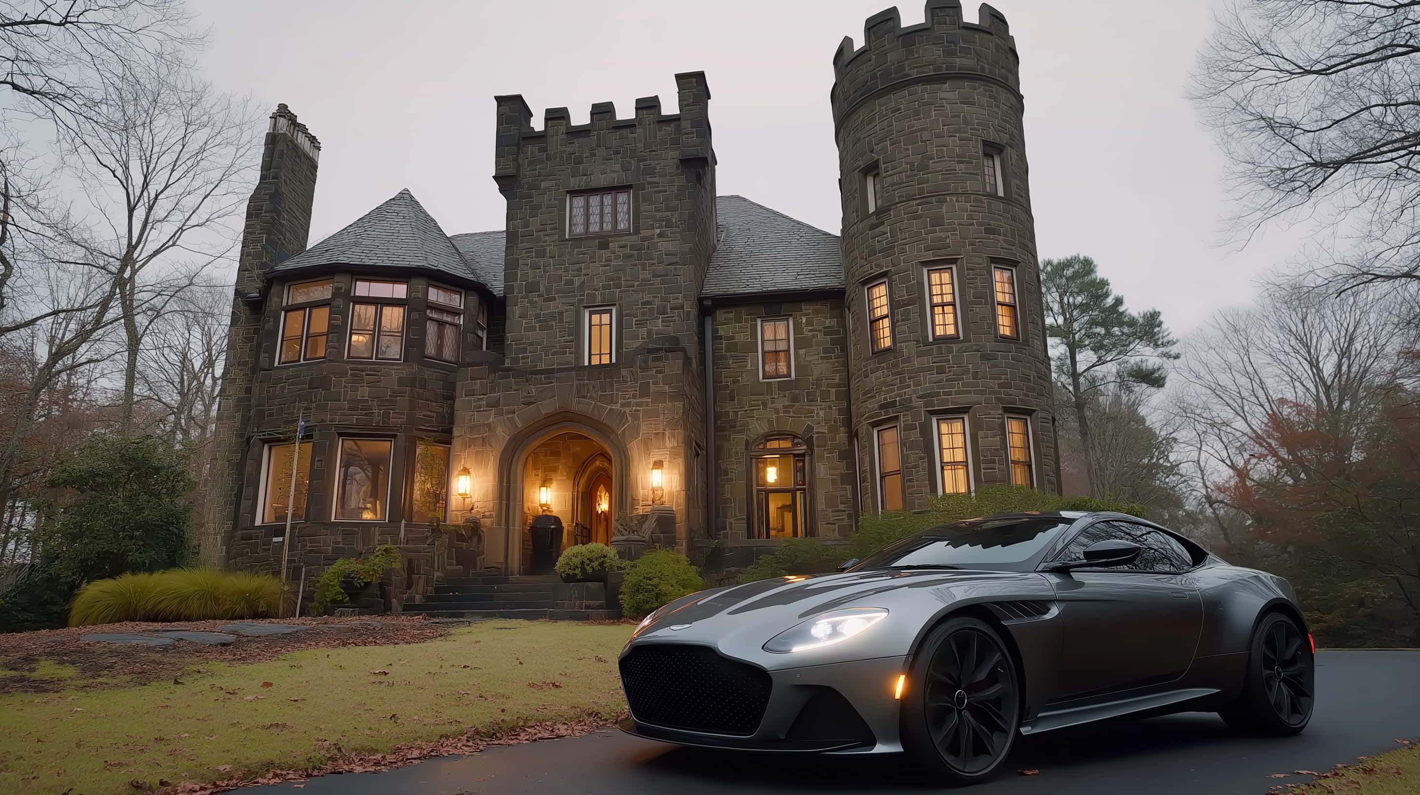 historic stone estate, modern performance automobile, sleek silver sports car, 2K Desktop Wallpaper